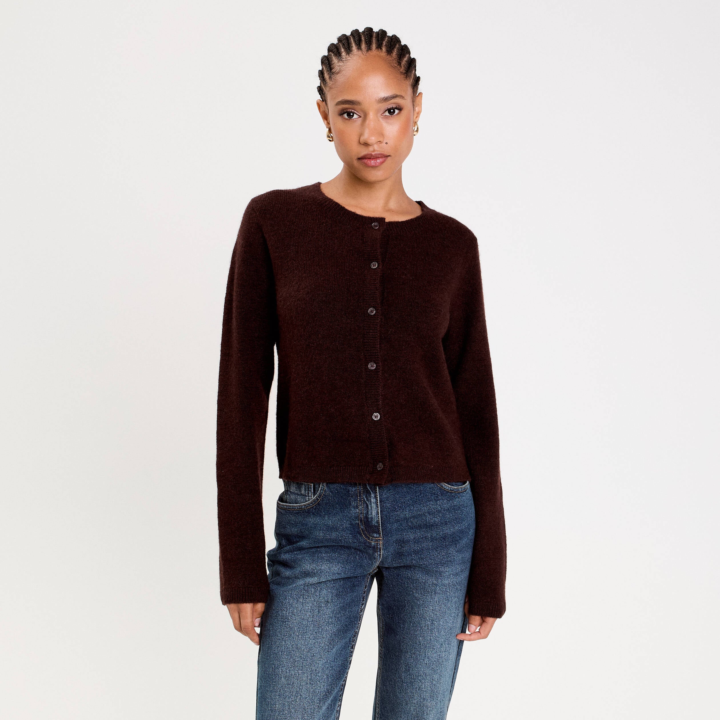 Gilet boutonn&eacute; manches longues marron fonc&eacute; femme