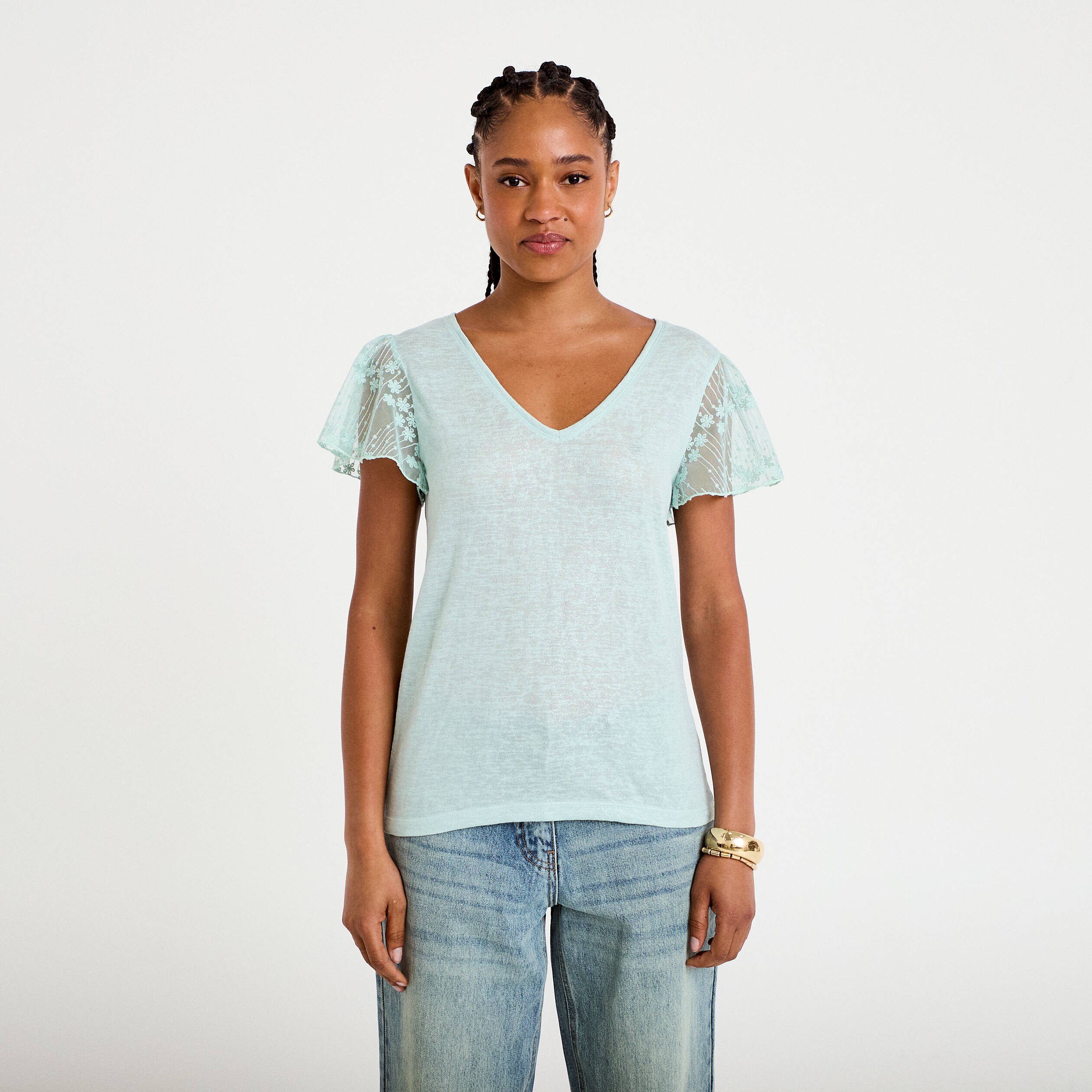 T-shirt manches dentelle vert clair femme