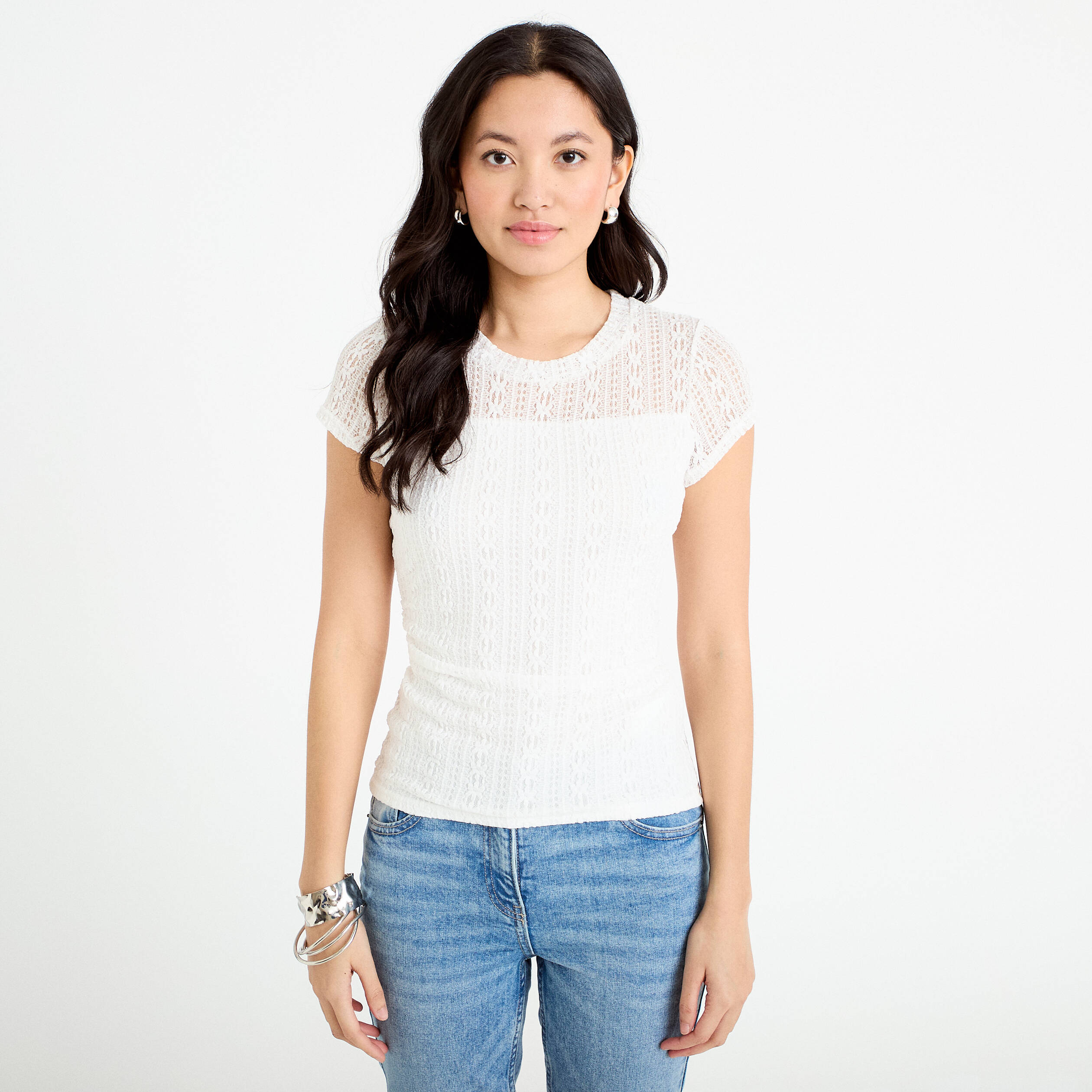 Top en dentelle col rond manches courtes ecru femme
