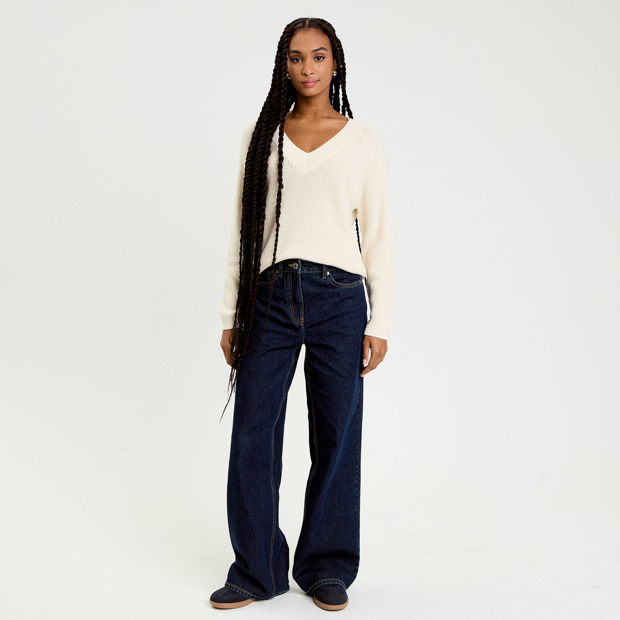 Pull col v manches longues ivoire femme