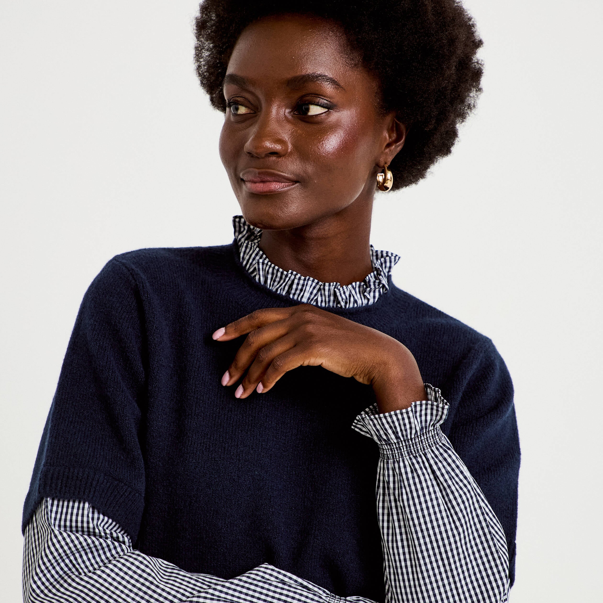 Pull col rond vichy manches longues bleu marine femme