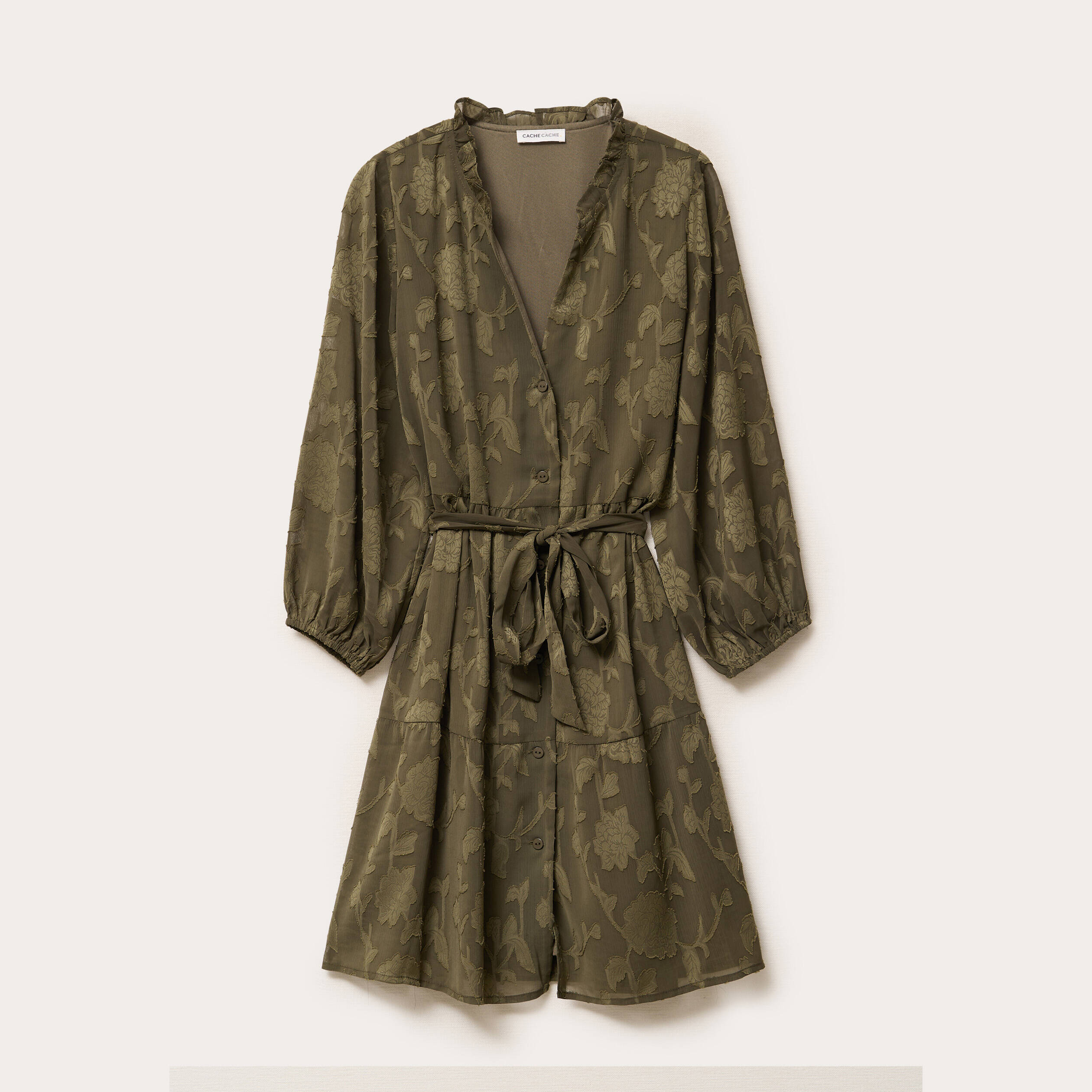 Robe chemise &eacute;vas&eacute;e ceintur&eacute;e vert kaki femme