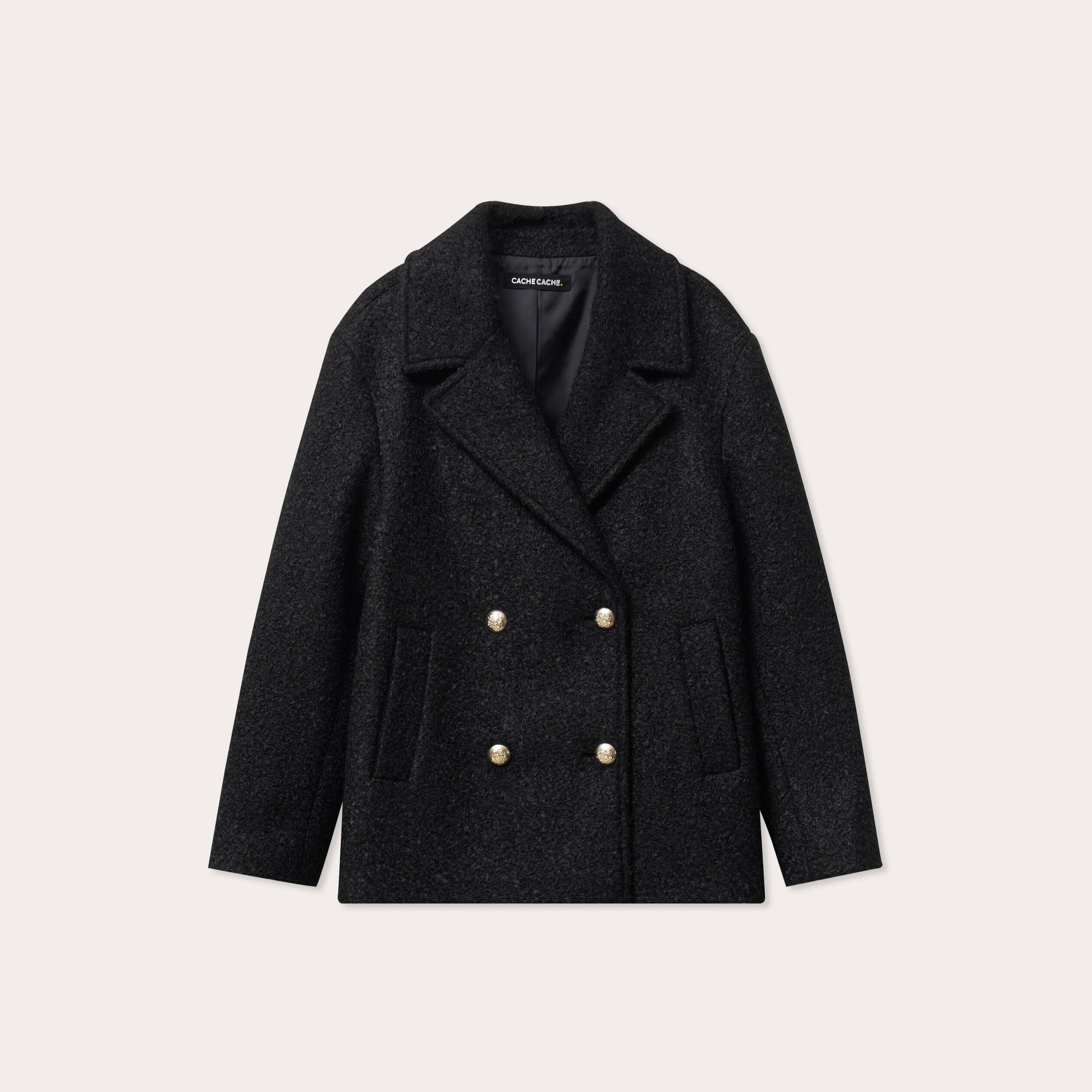Manteau bouclette boutonn&eacute; noir femme