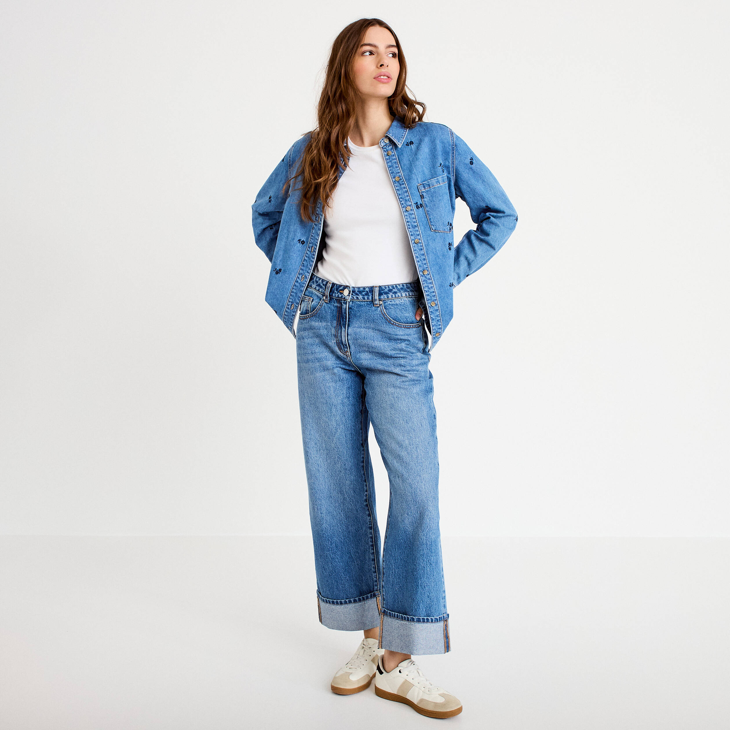 Chemise droite courte manches longues bleu femme