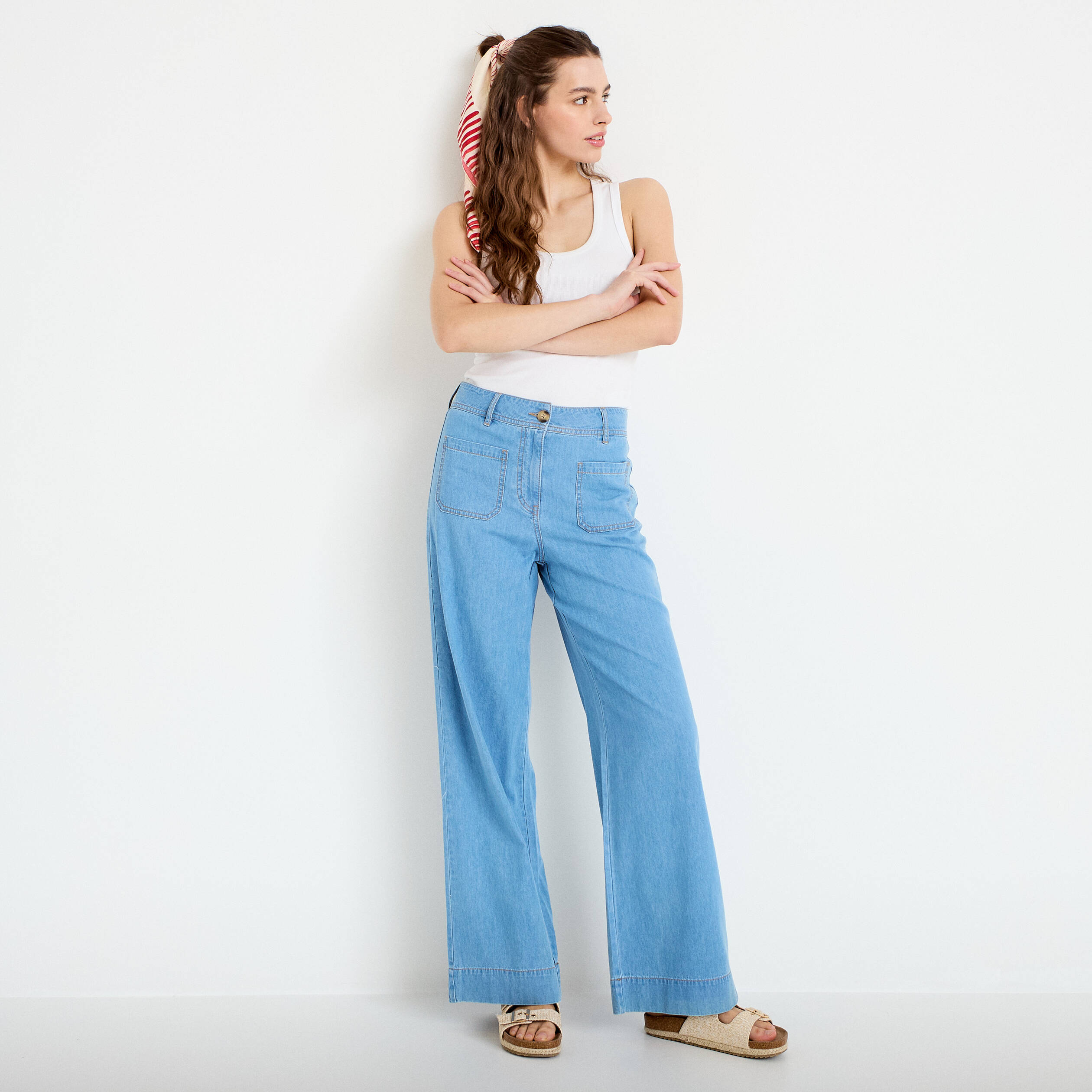 Jean wide leg taille standard denim bleach femme