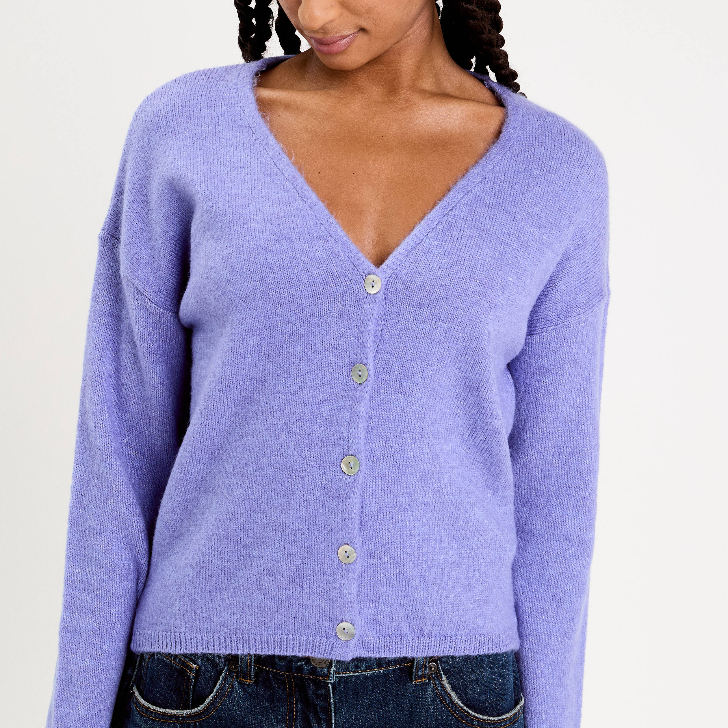 Gilet boutonn&eacute; avec col en V bleu violet femme