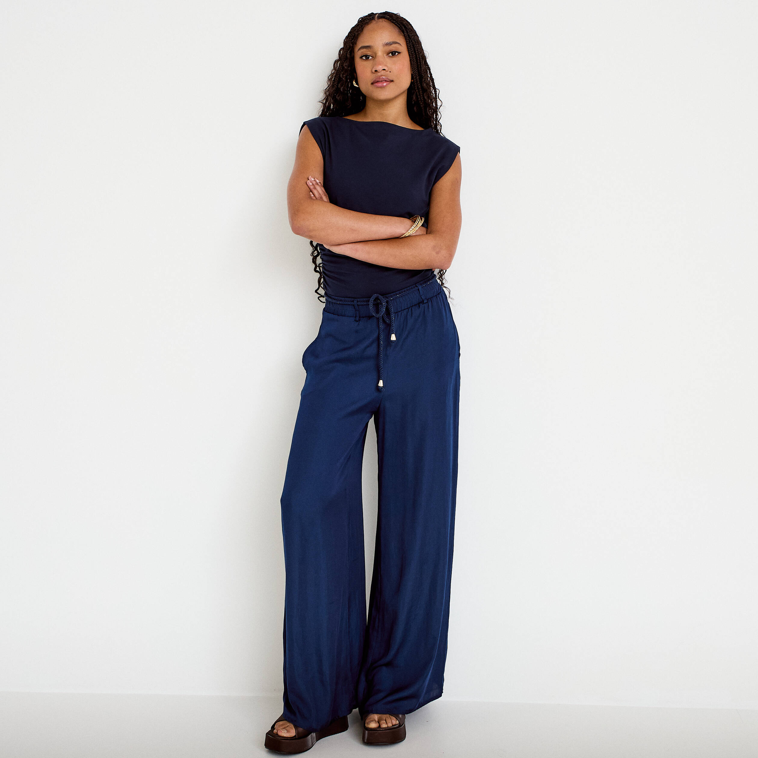 Pantalon large taille standard bleu marine femme