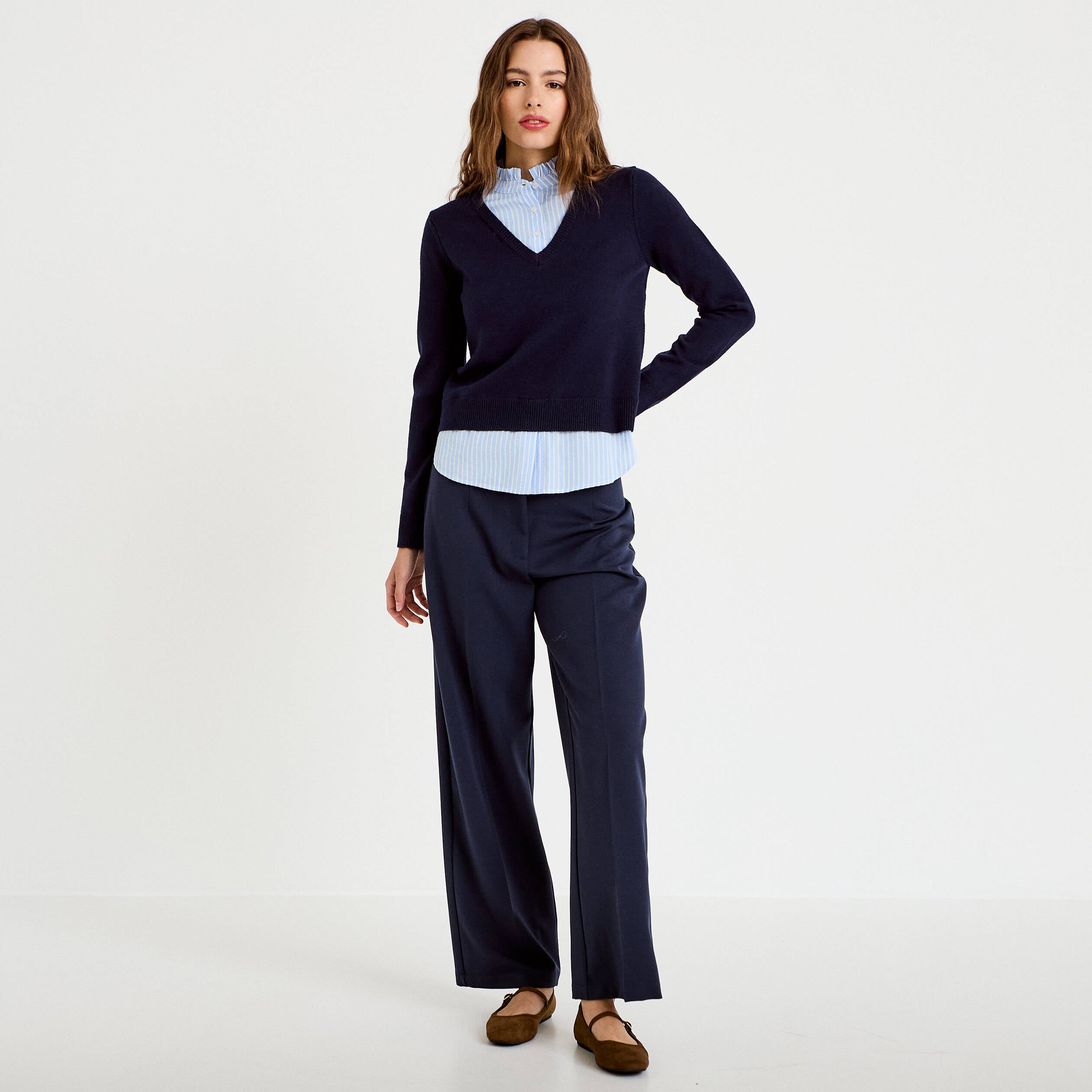 Pantalon large ventre plat bleu marine femme