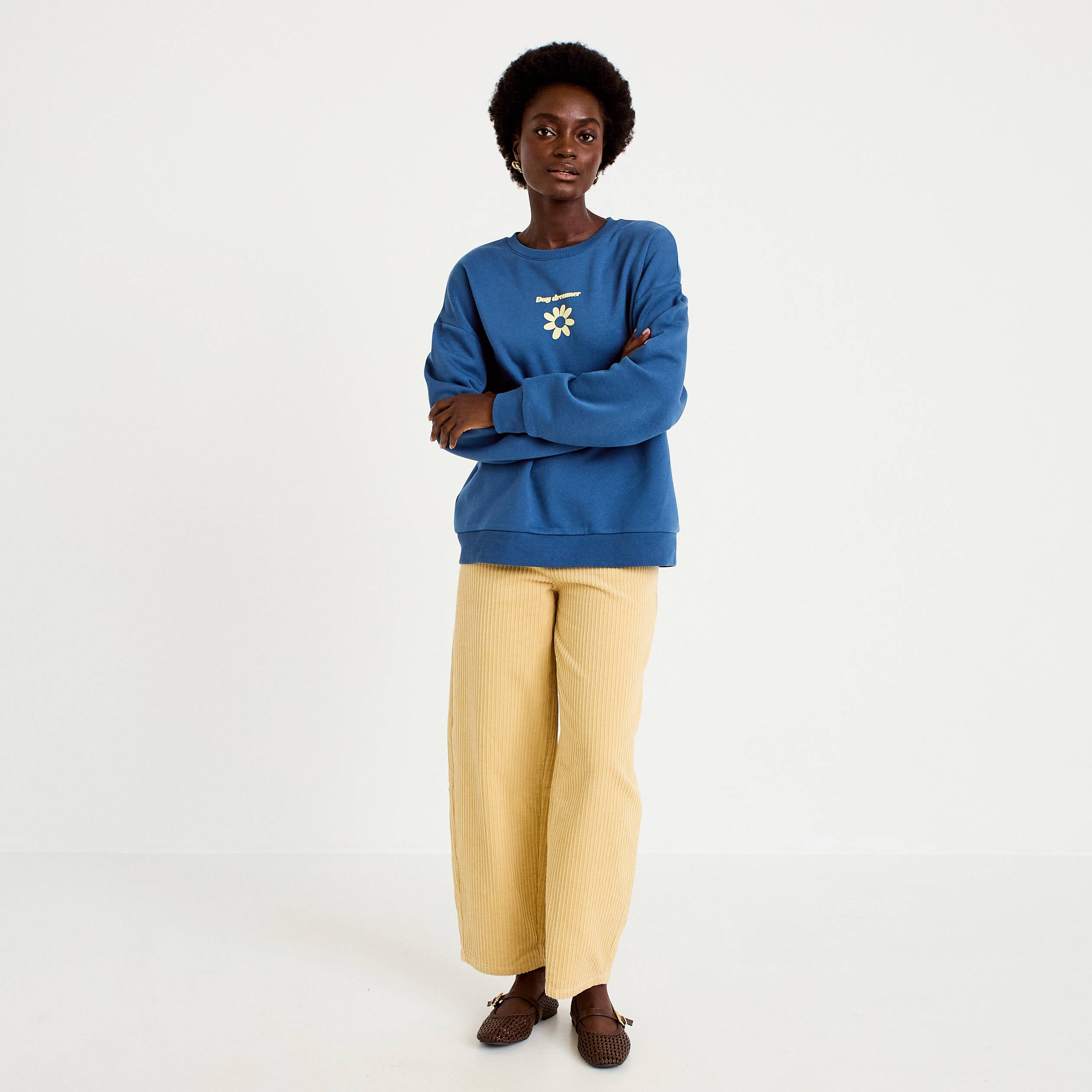 Pantalon large en velours jaune femme