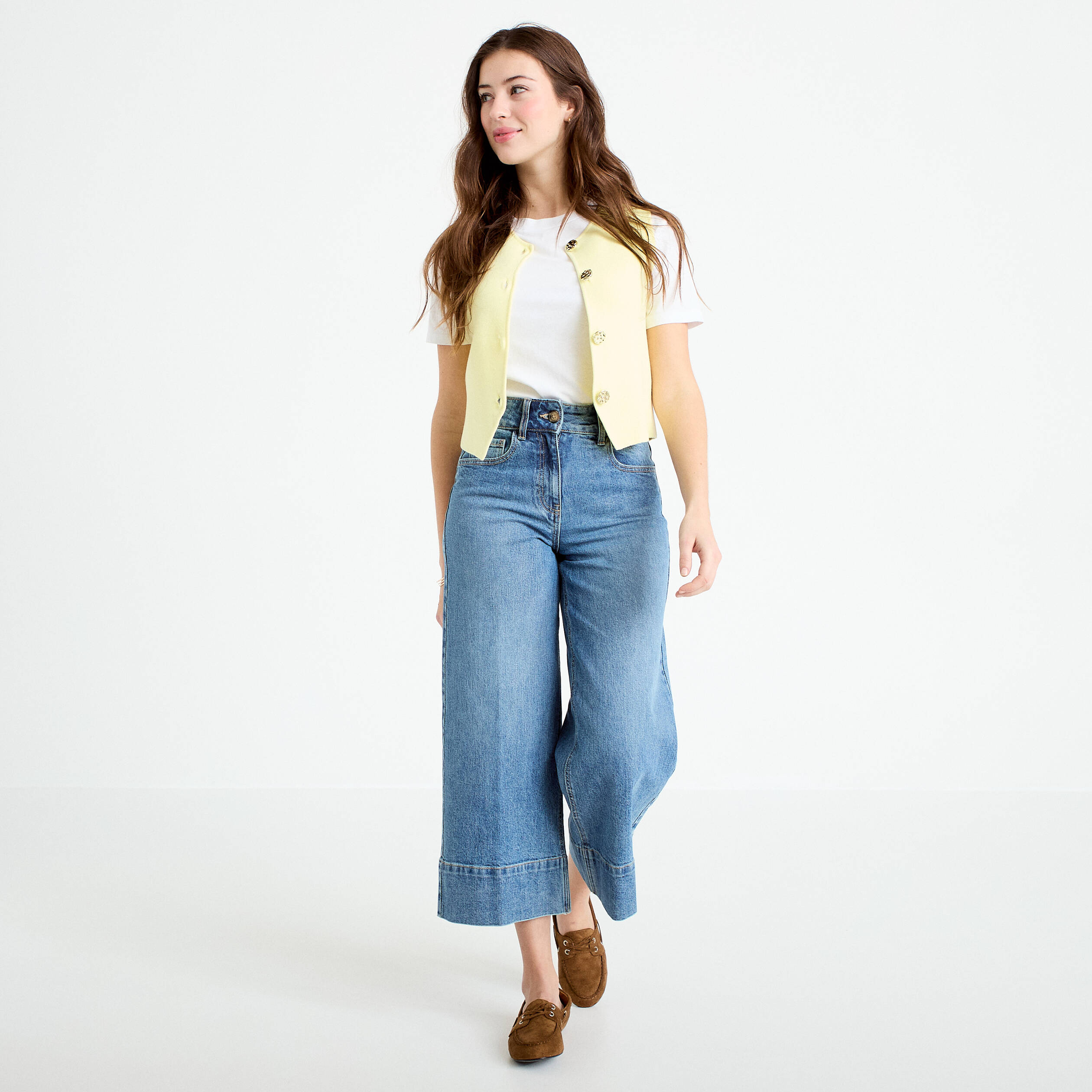 Jean wide leg cropped taille haute denim stone femme