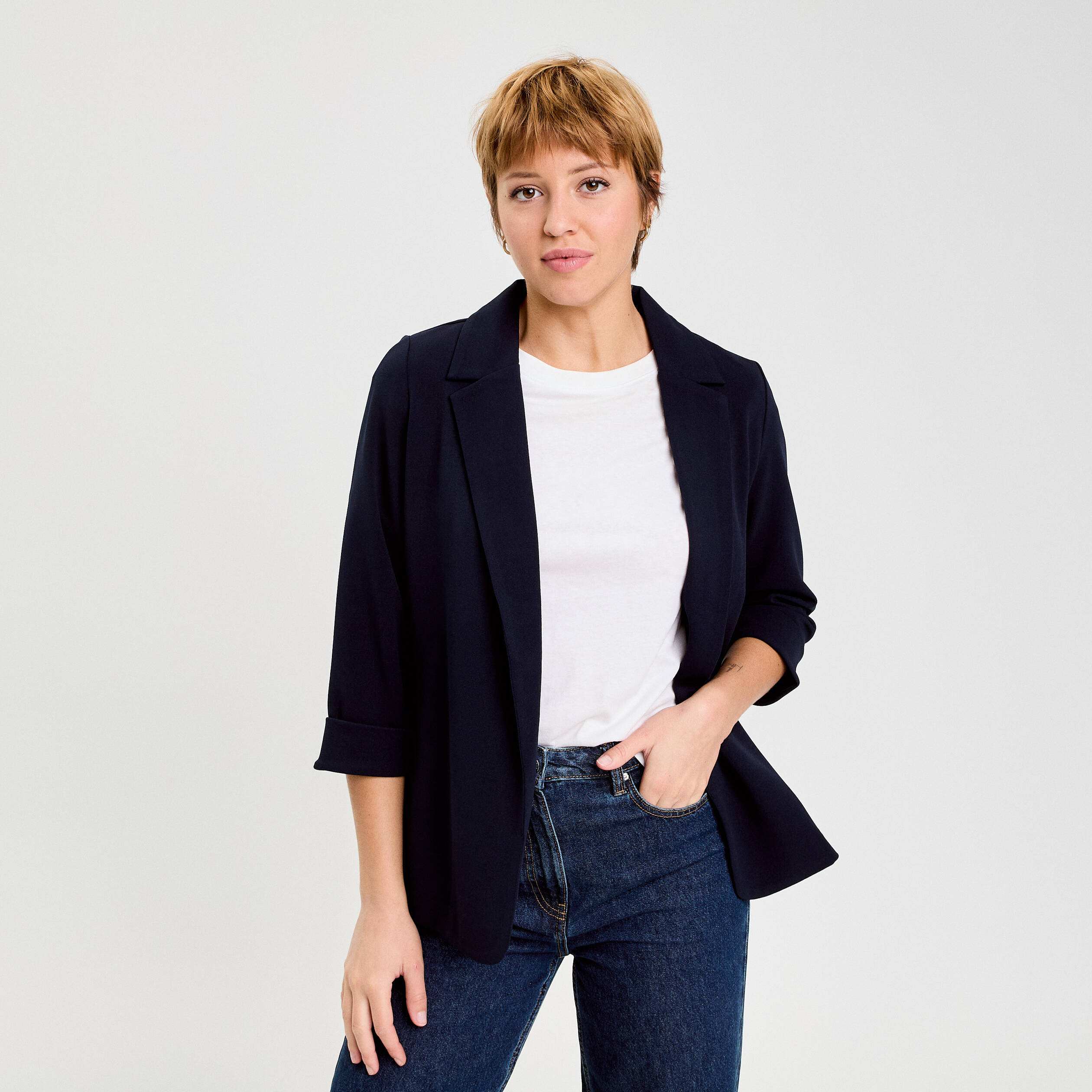Veste blazer manches 3/4 bleu marine femme