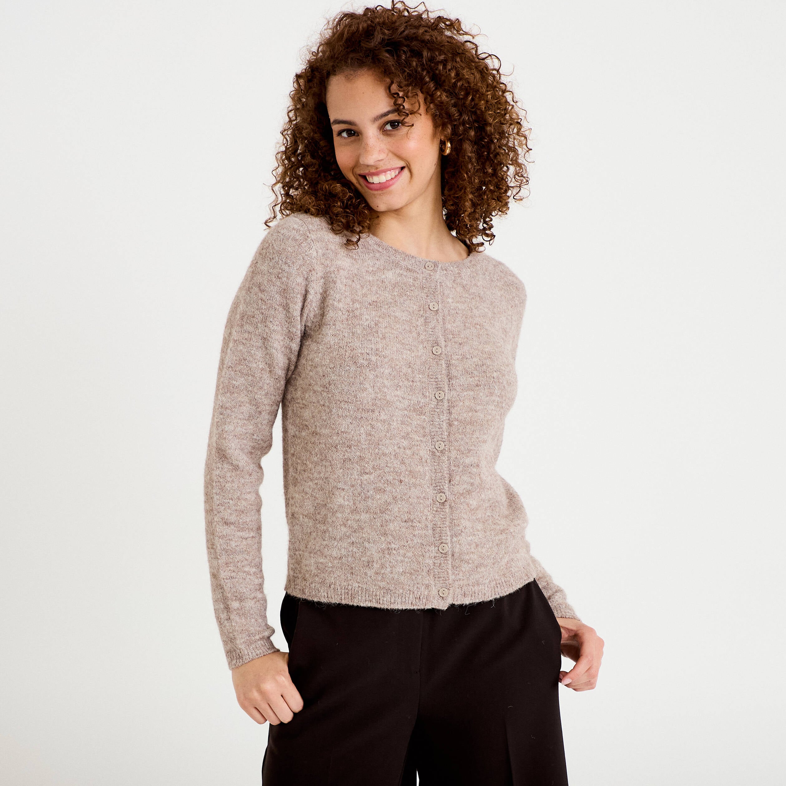 Gilet col rond manches longues taupe femme