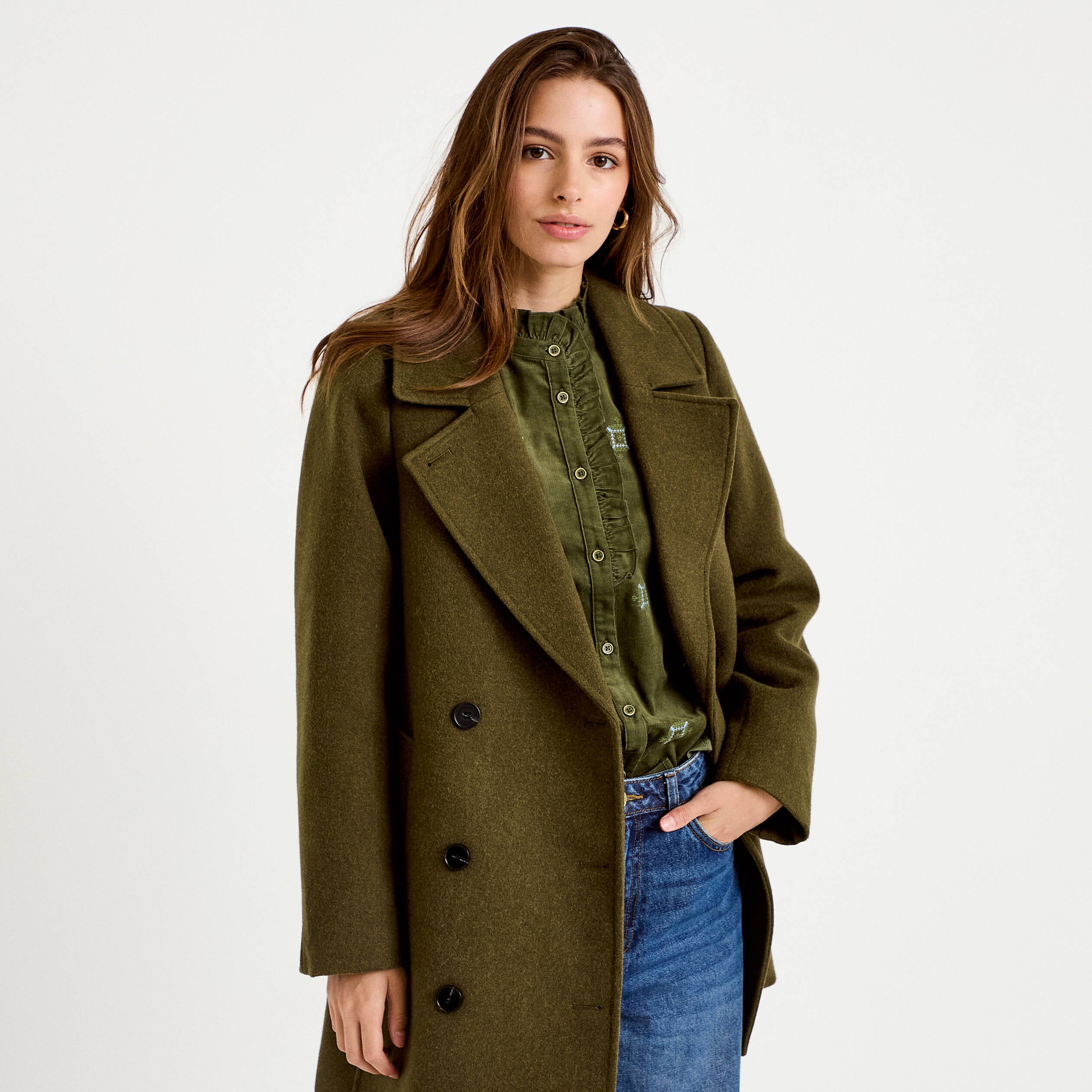 Manteau droit mi-long col tailleur vert kaki femme