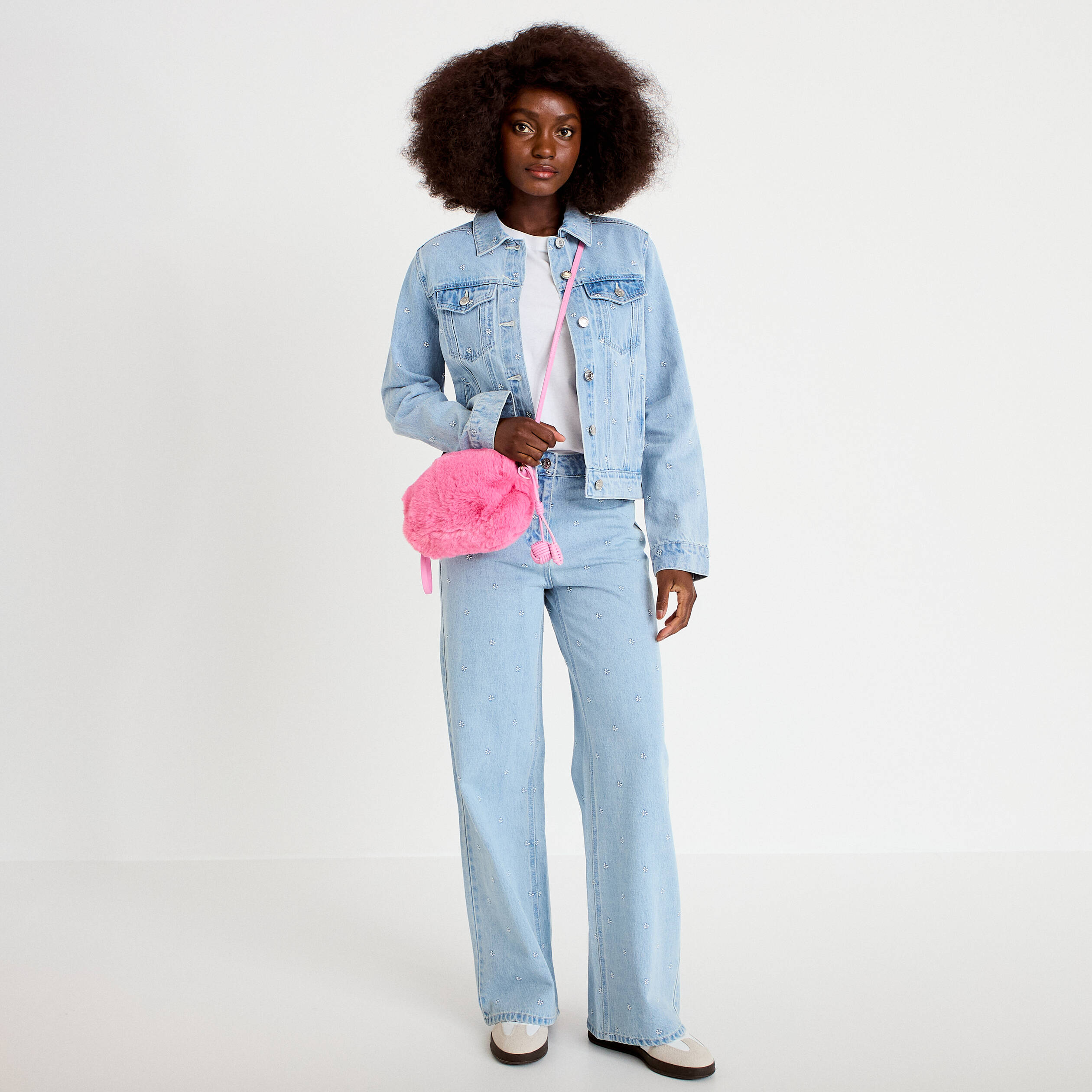 Veste jean droite courte col classique bleu clair femme