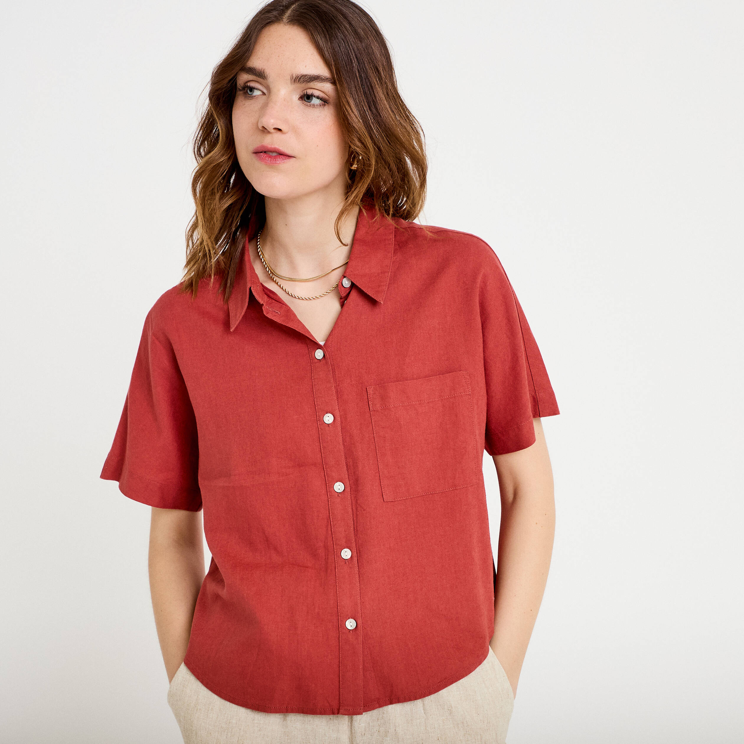 Chemise droite courte col classique vieux rose femme