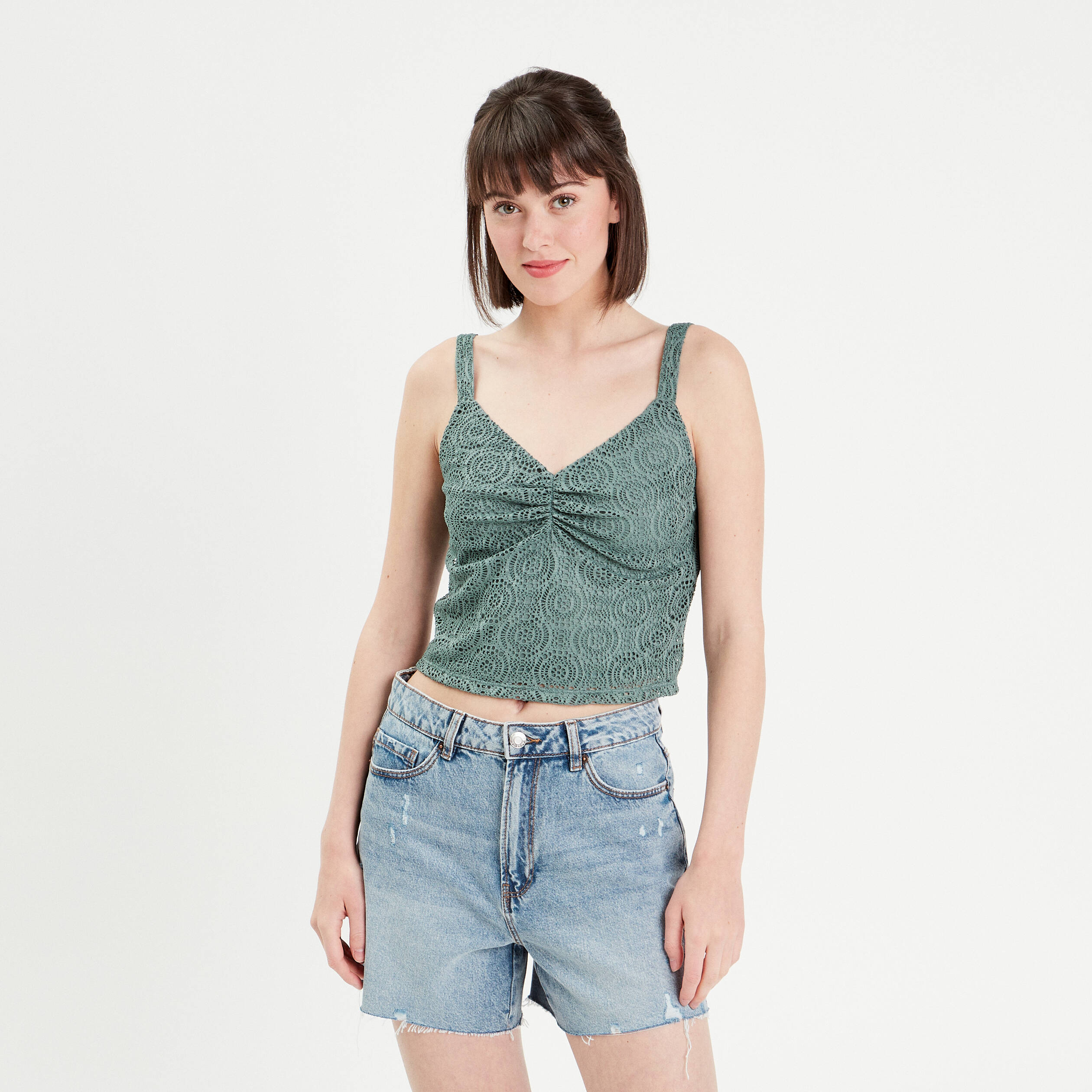 D&eacute;bardeur cropped dentelle vert fonc&eacute; femme