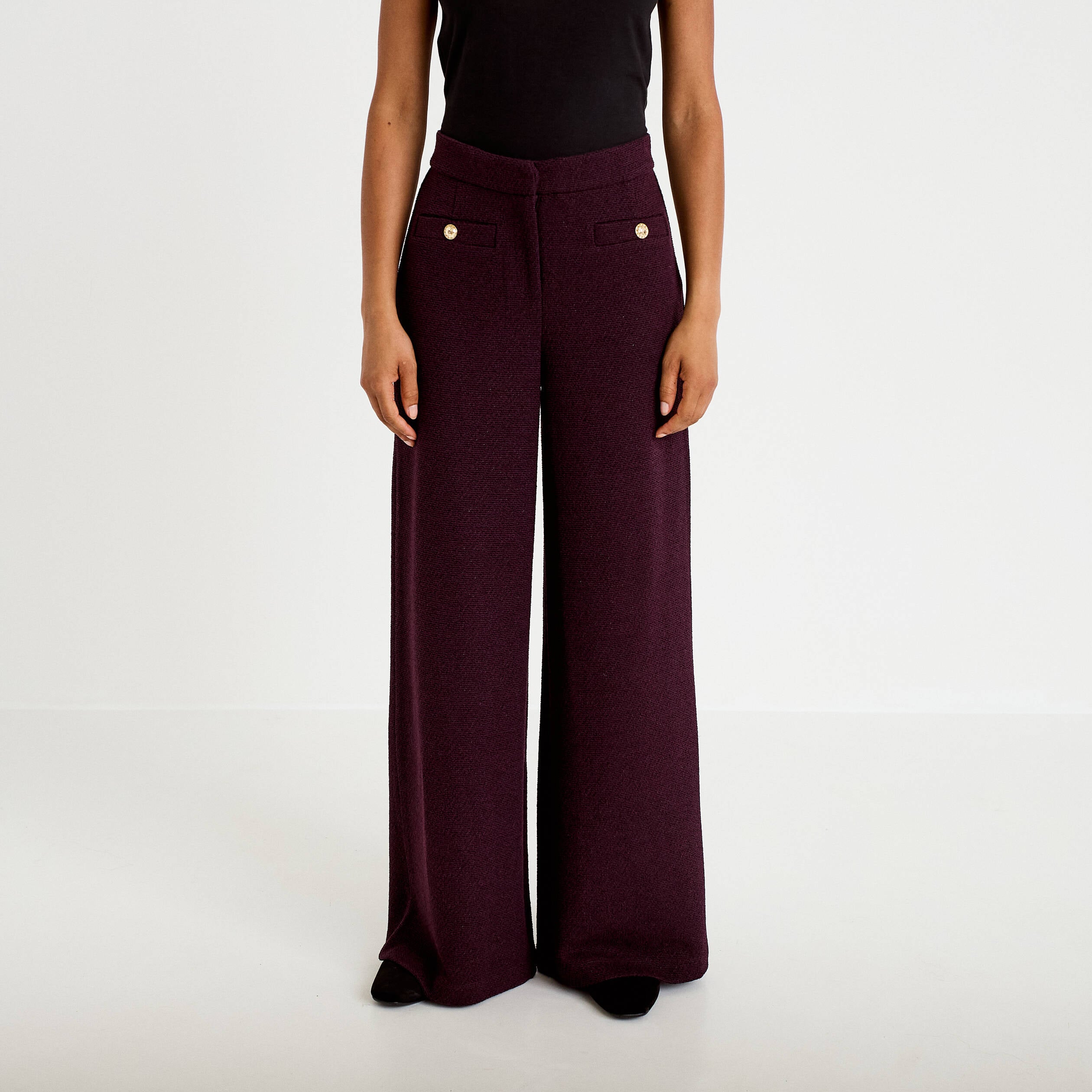 Pantalon bootcut en tweed violet fonc&eacute; femme