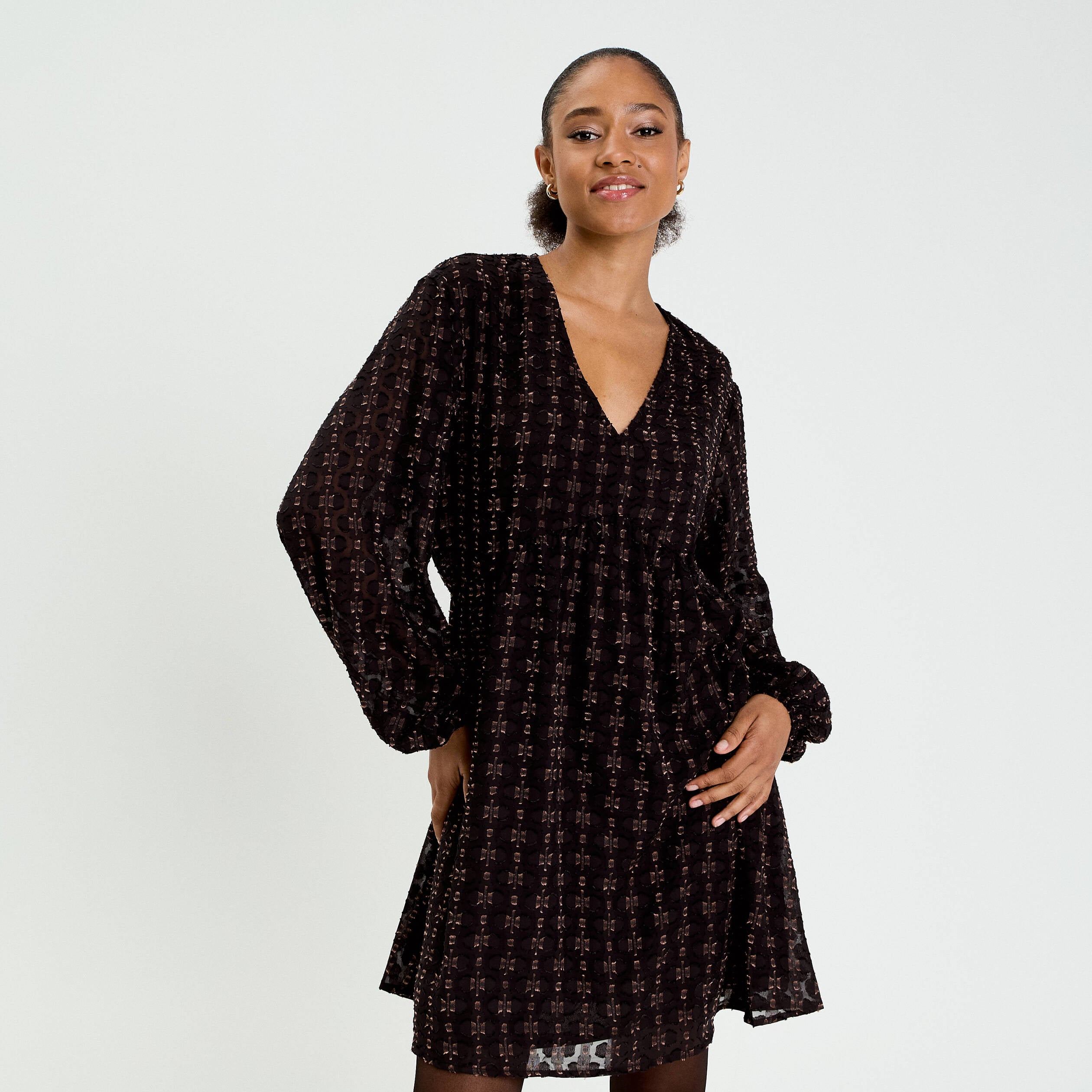 Robe en voile col V noir femme