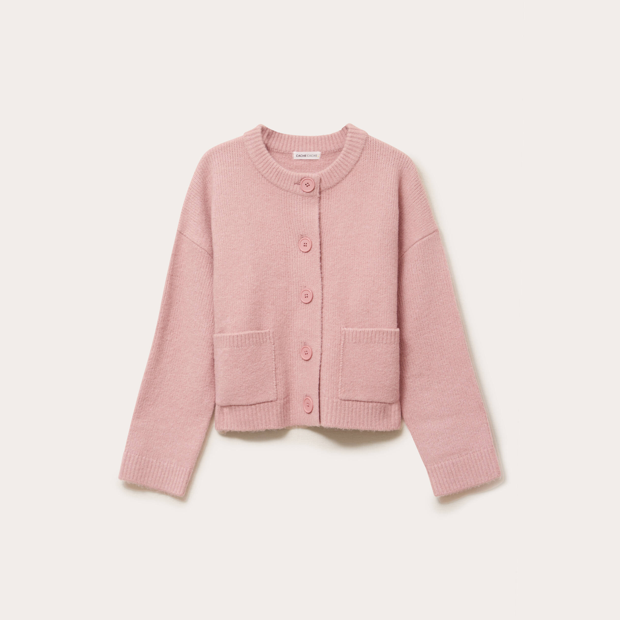 Gilet bouclette col rond manches longues rose poudr&eacute;e femme