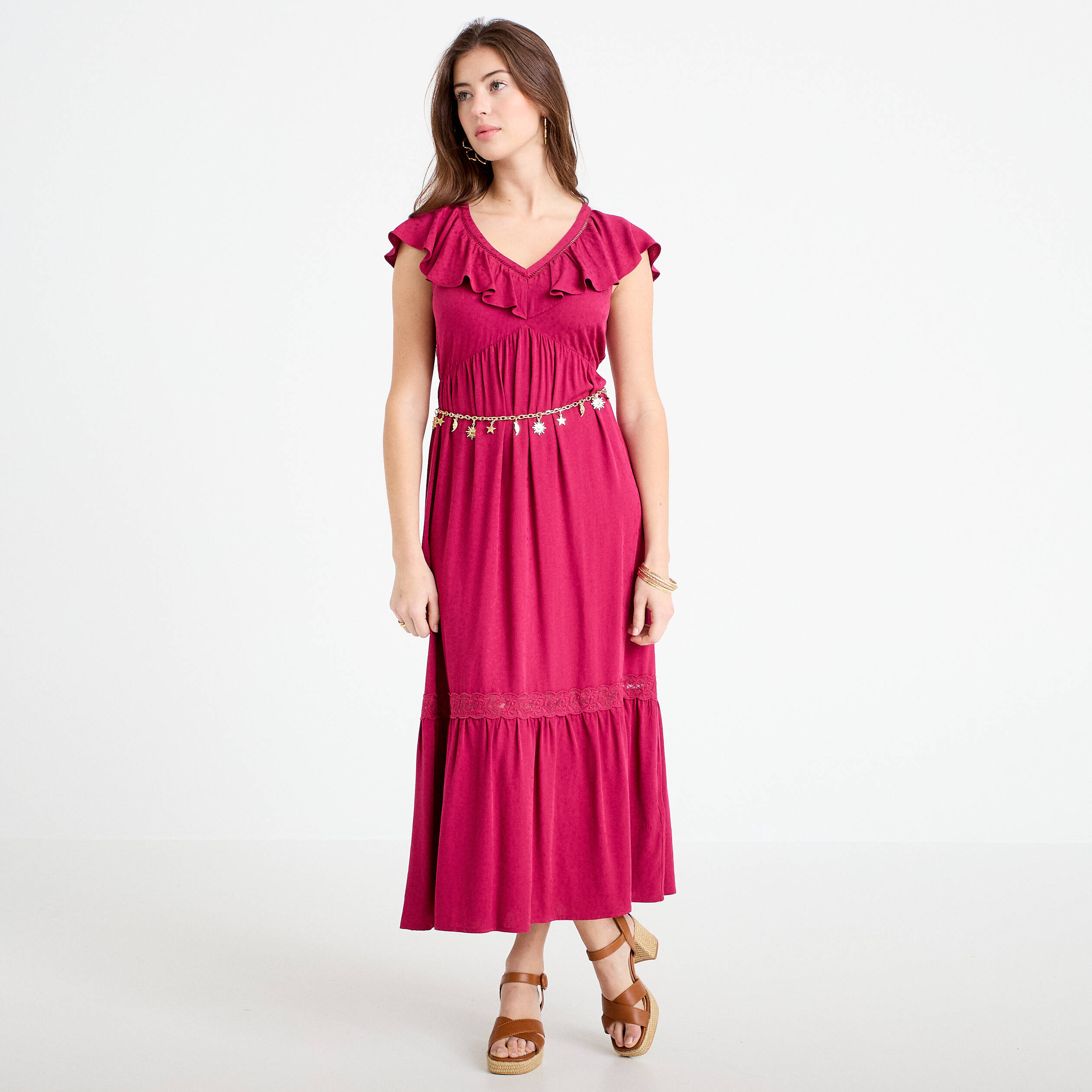 Robe longue &eacute;vas&eacute;e col v manches courtes rouge femme