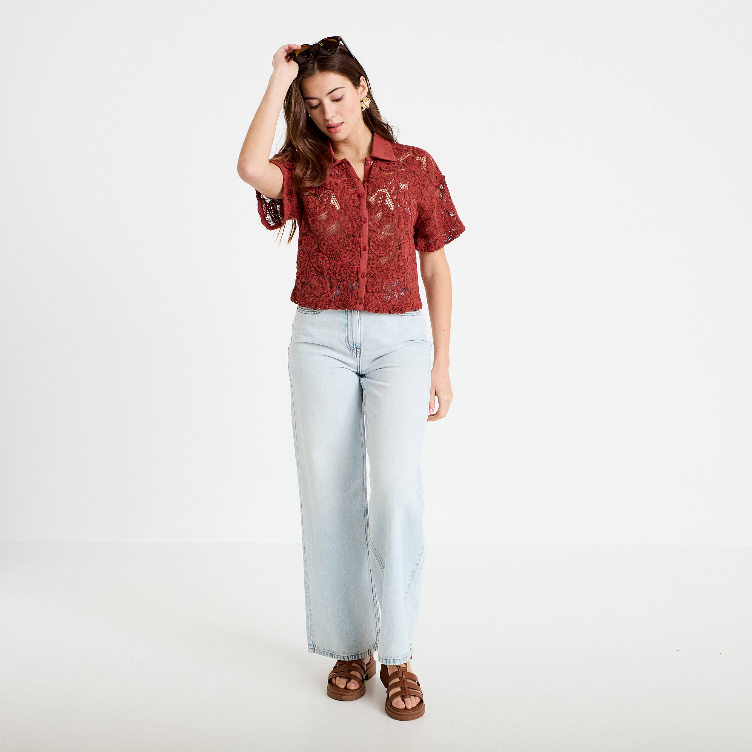 Chemise macram&eacute; manches courtes vieux rose femme