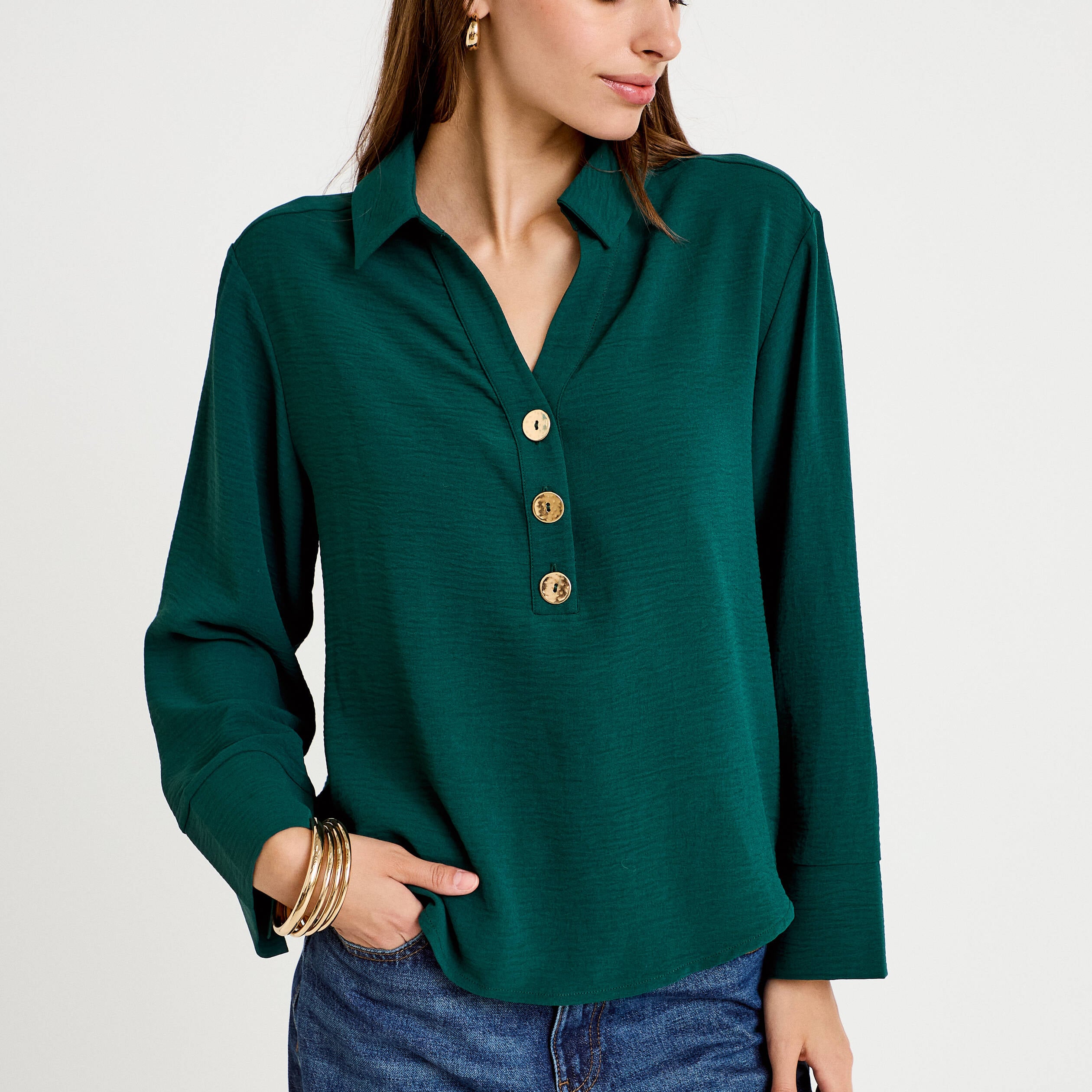 Blouse manches longues vert fonc&eacute; femme