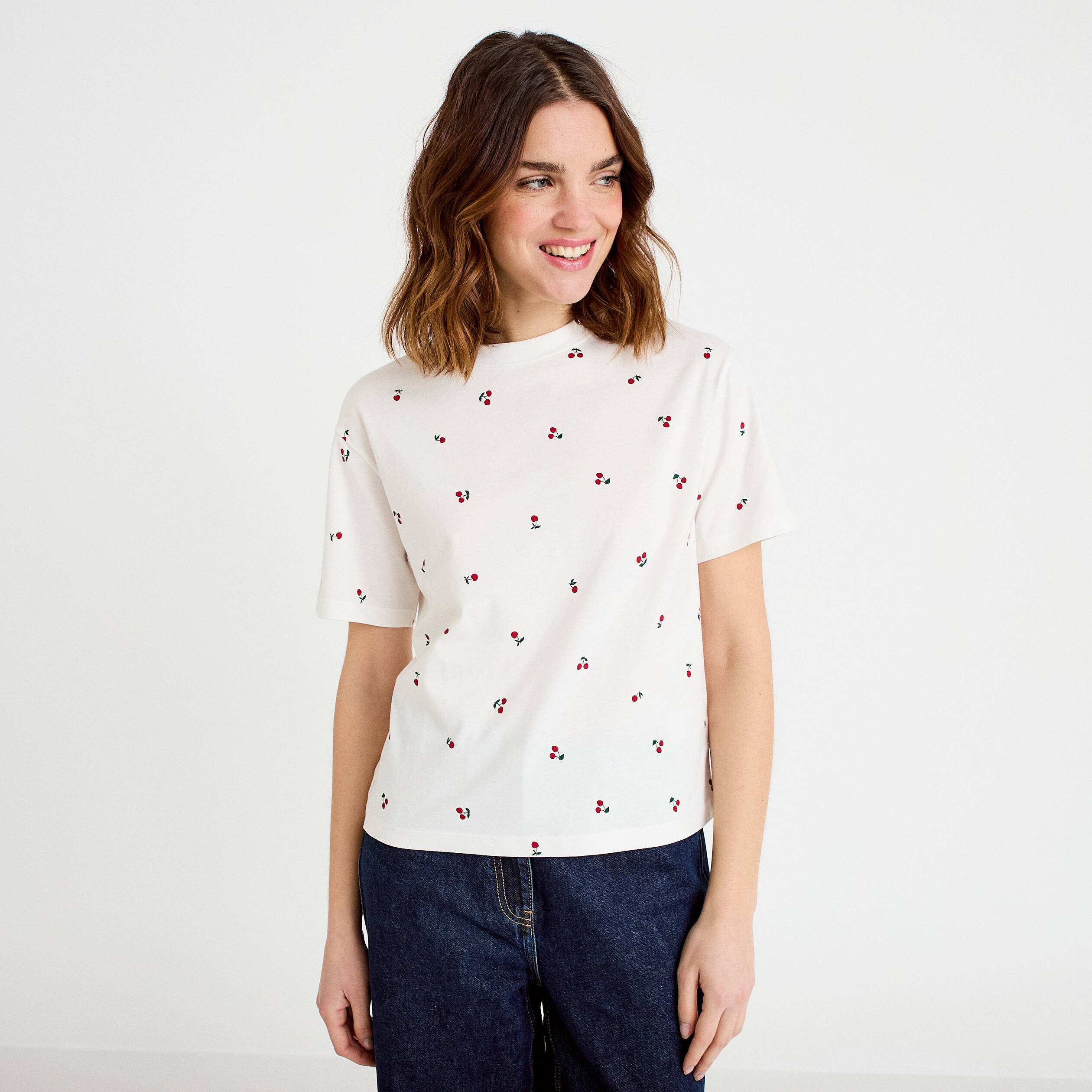 T-shirt &agrave; motif manches courtes blanc femme