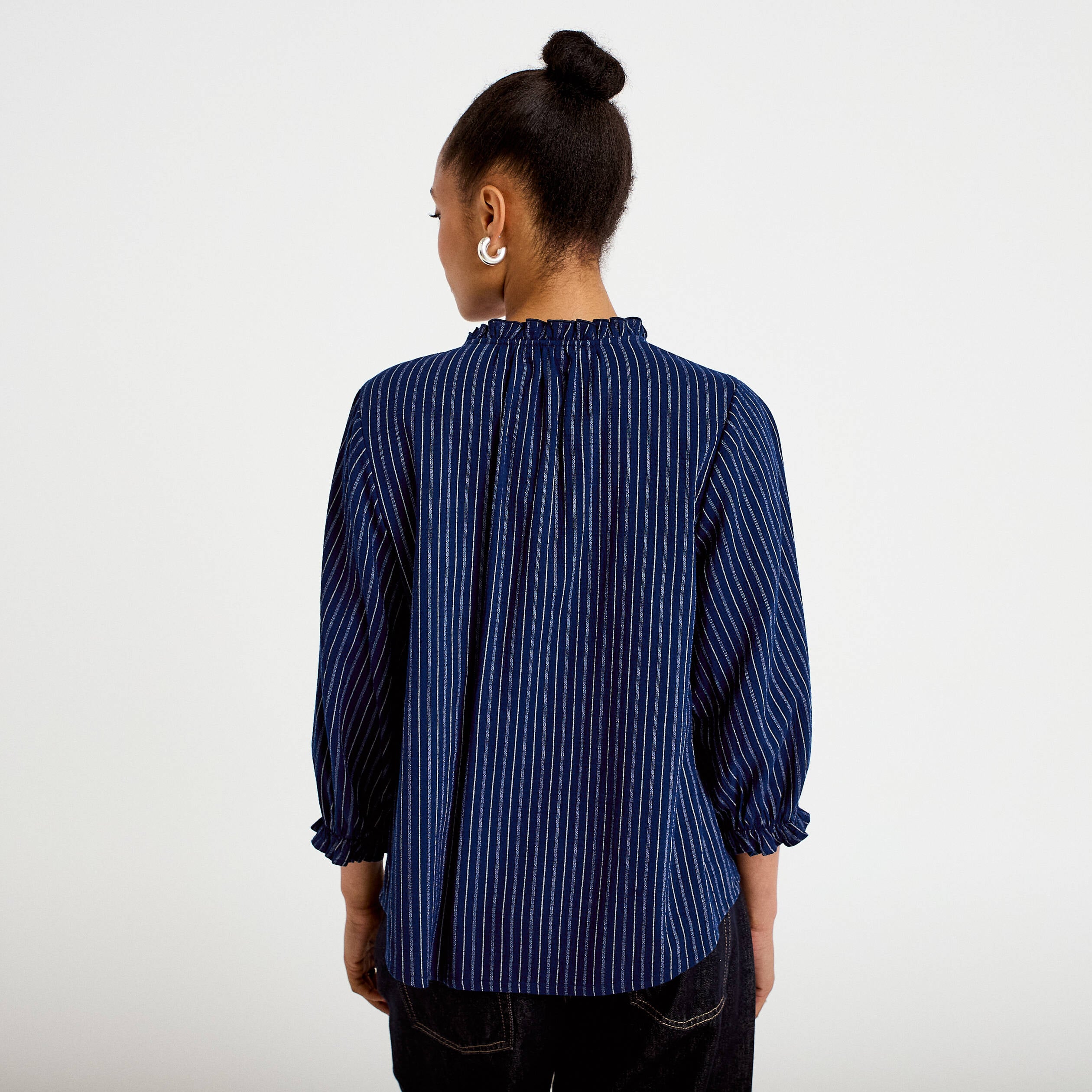 Blouse ample broderie manches 3/4 bleu femme