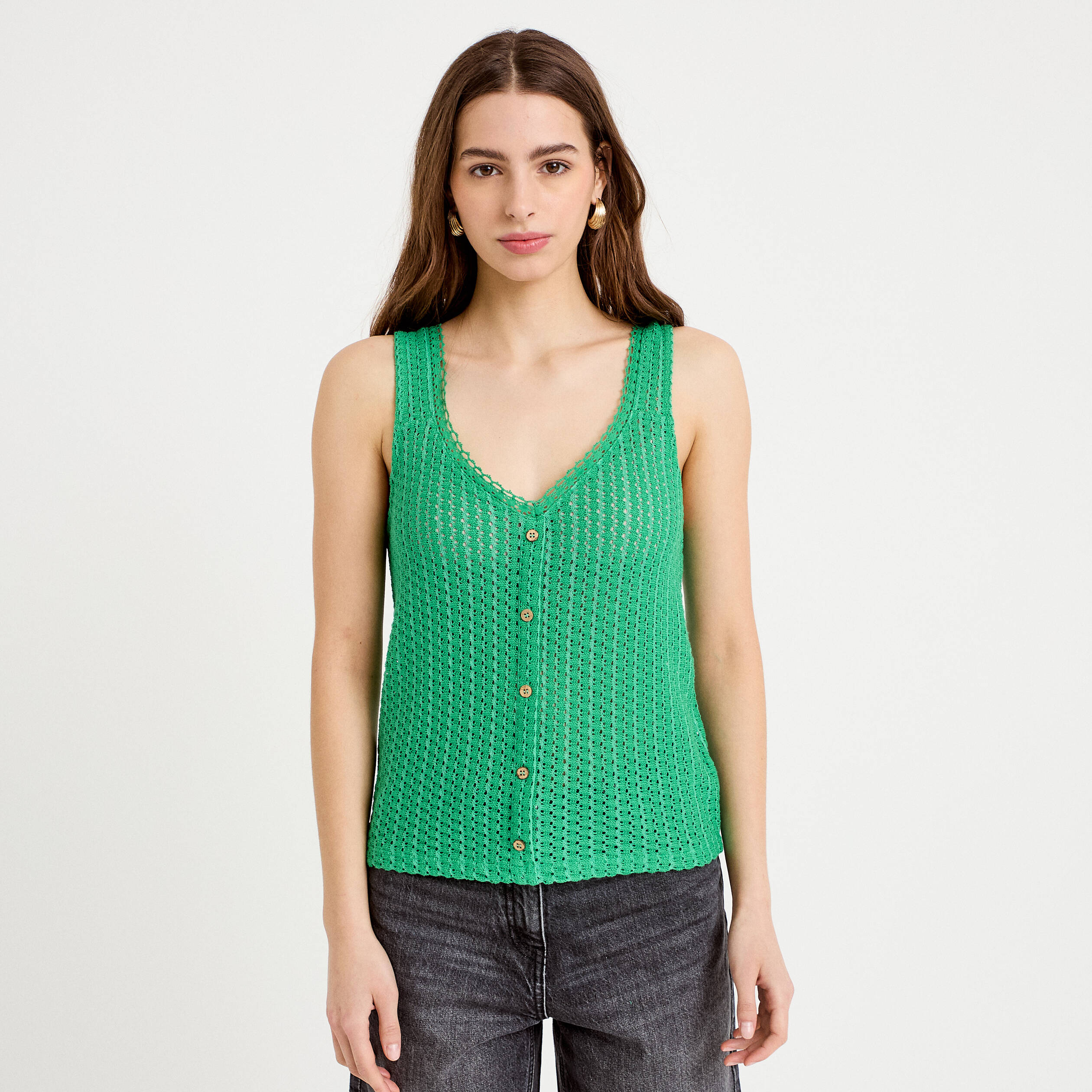 D&eacute;bardeur ajour&eacute; aspect dentelle col v vert femme