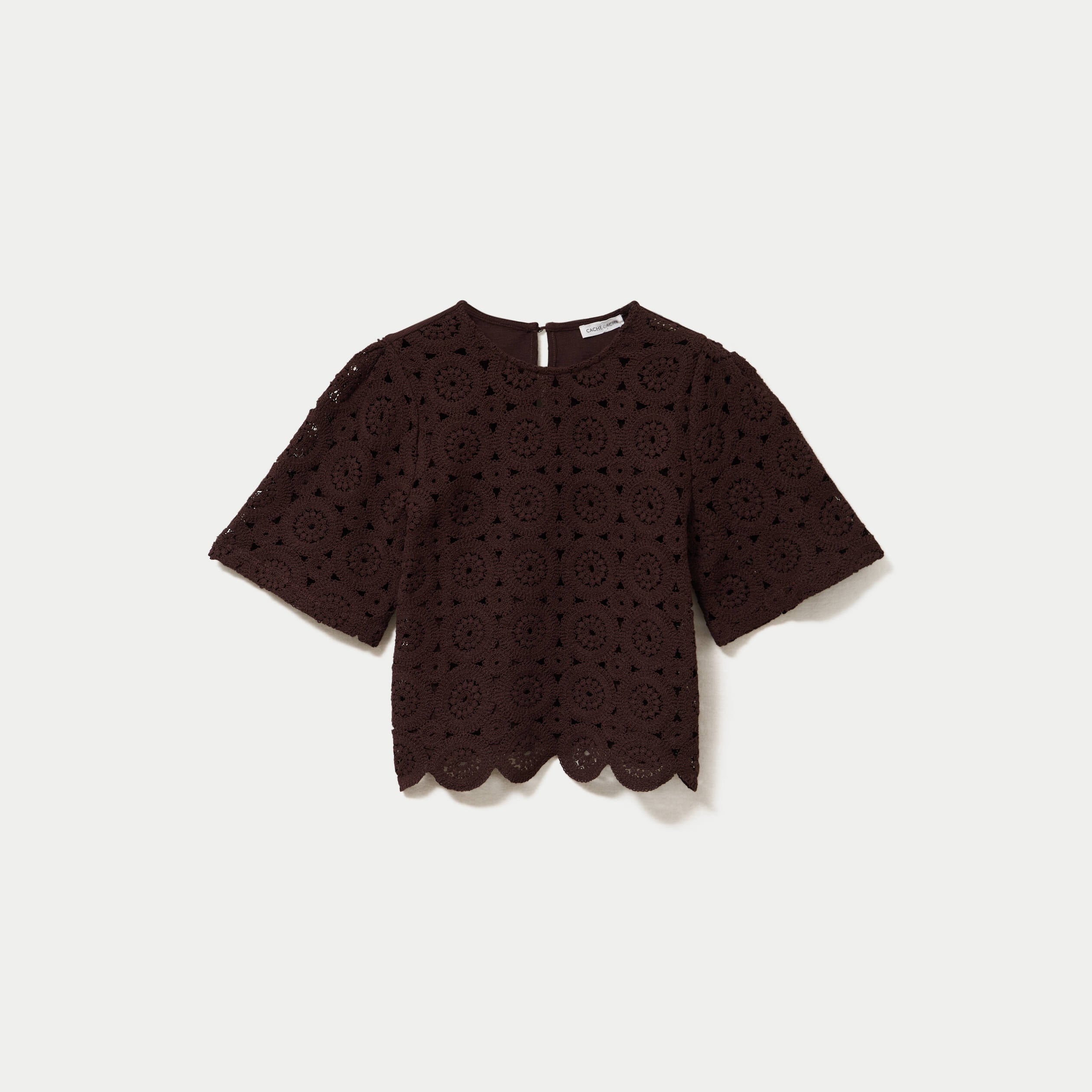 T-shirt macram&eacute; col rond marron fonc&eacute; femme