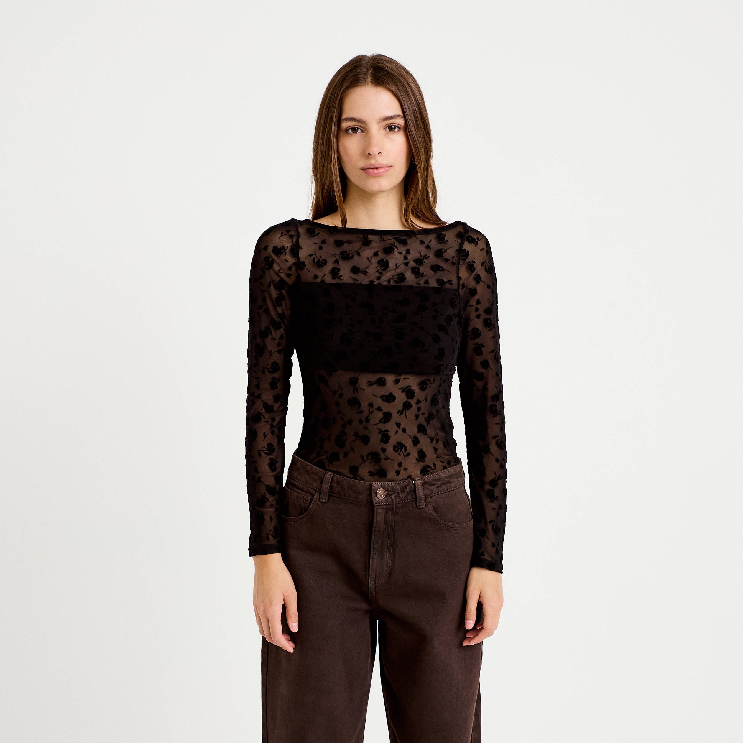 Body cintr&eacute; manches longues col bateau noir femme