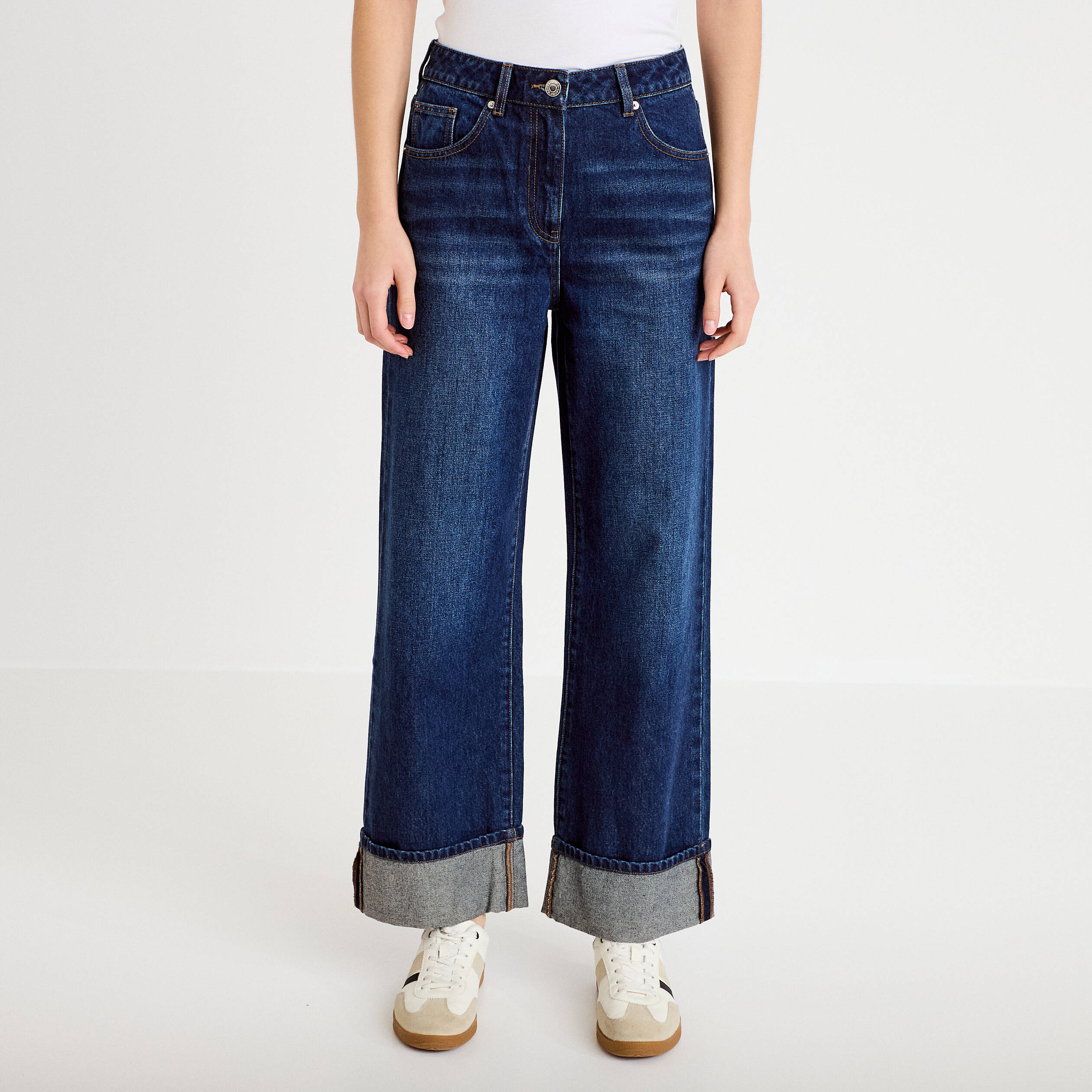 Jeans droit &agrave; revers denim stone femme