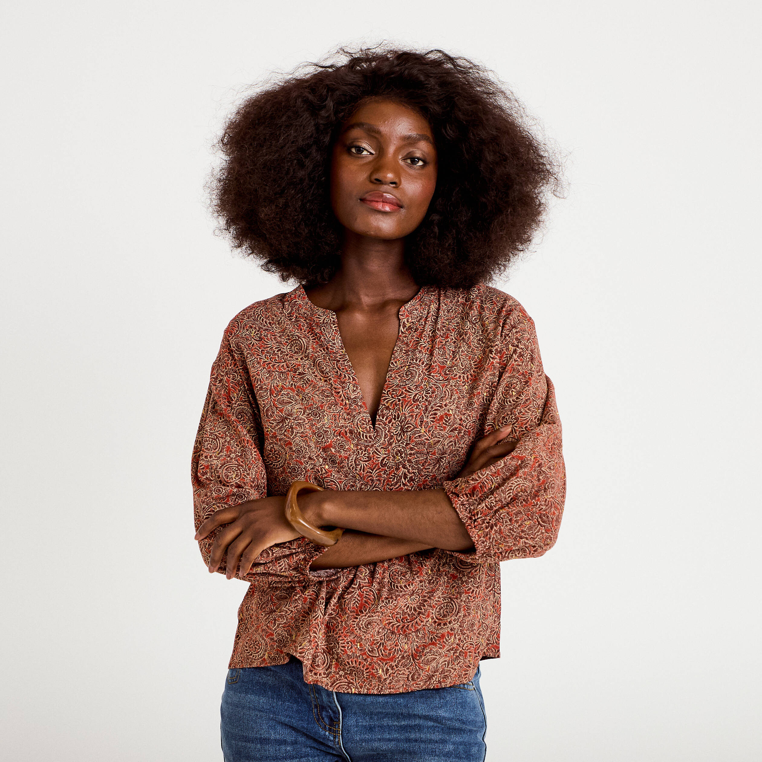 Blouse col v manches longues rouge fonc&eacute; femme