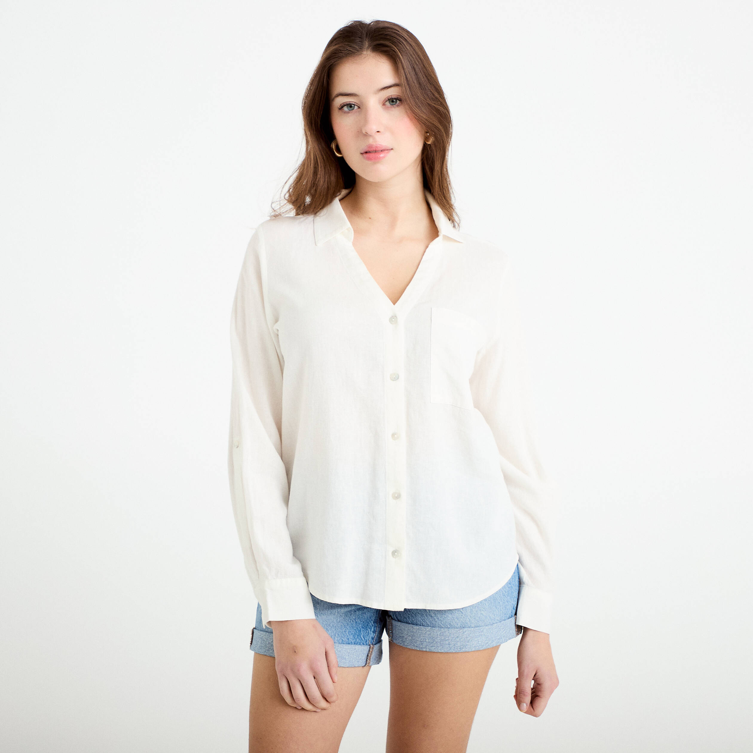 Chemise lin col V manches longues ecru femme