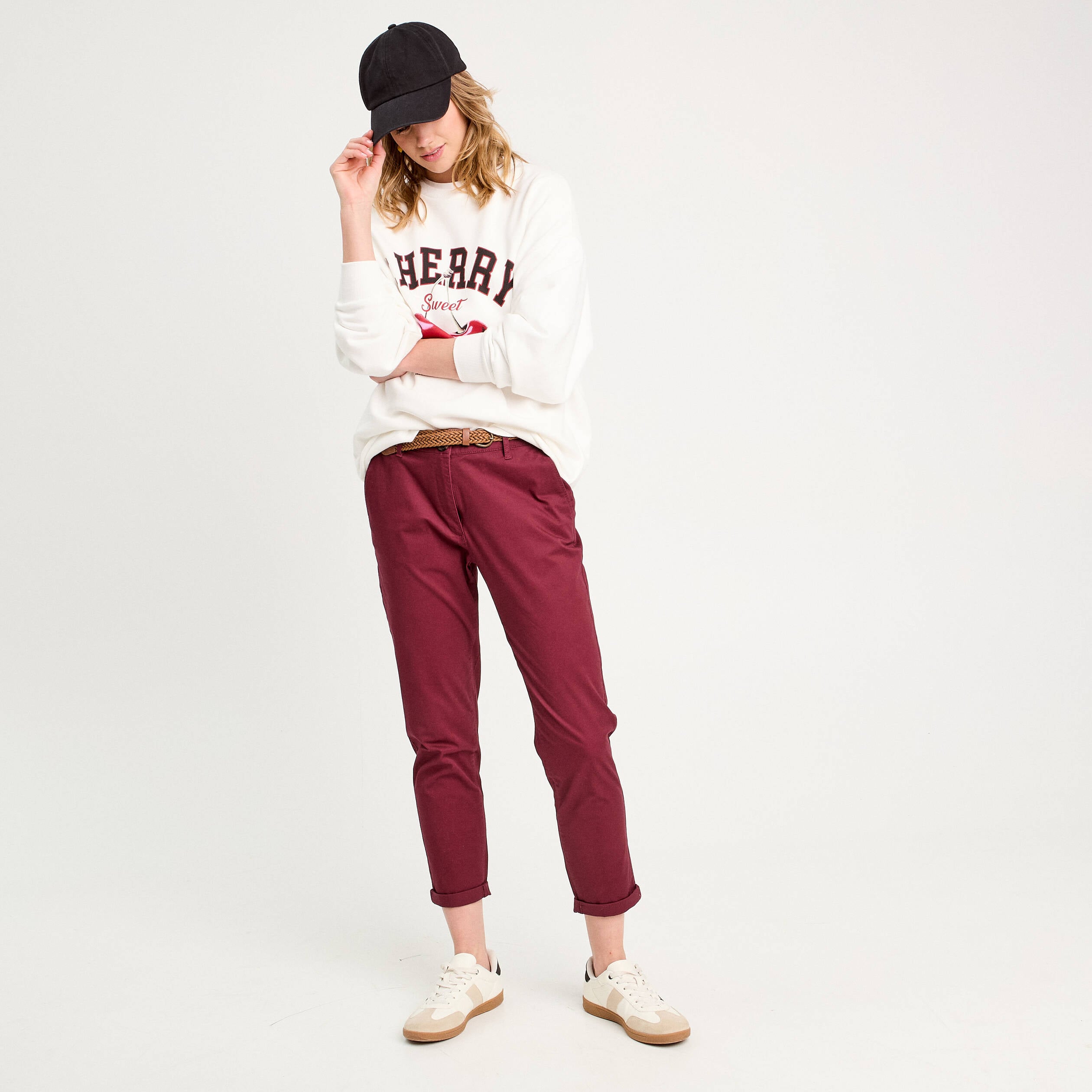 Pantalon chino 7/8&egrave;me bordeaux femme