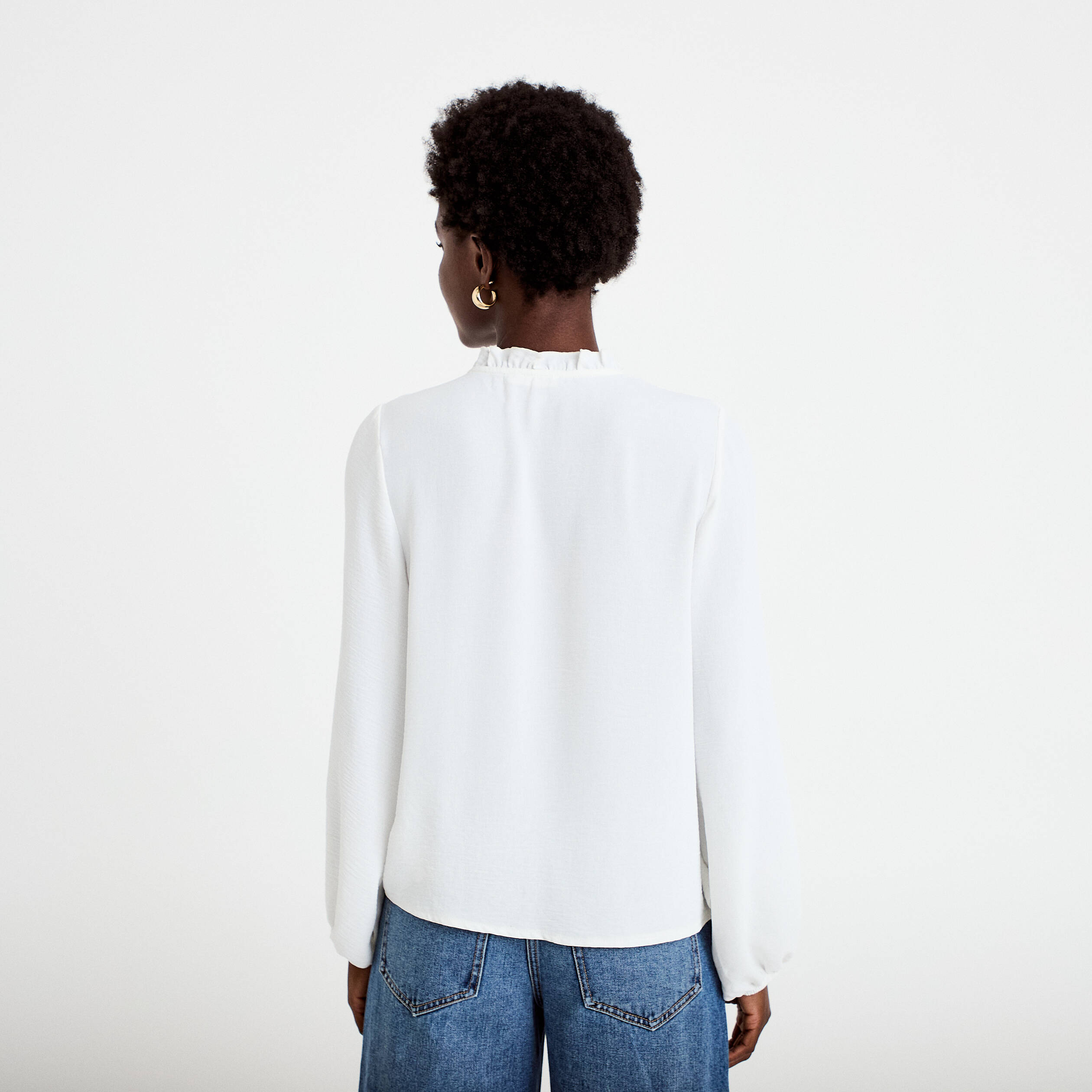 Blouse droite col mao manches longues ecru femme