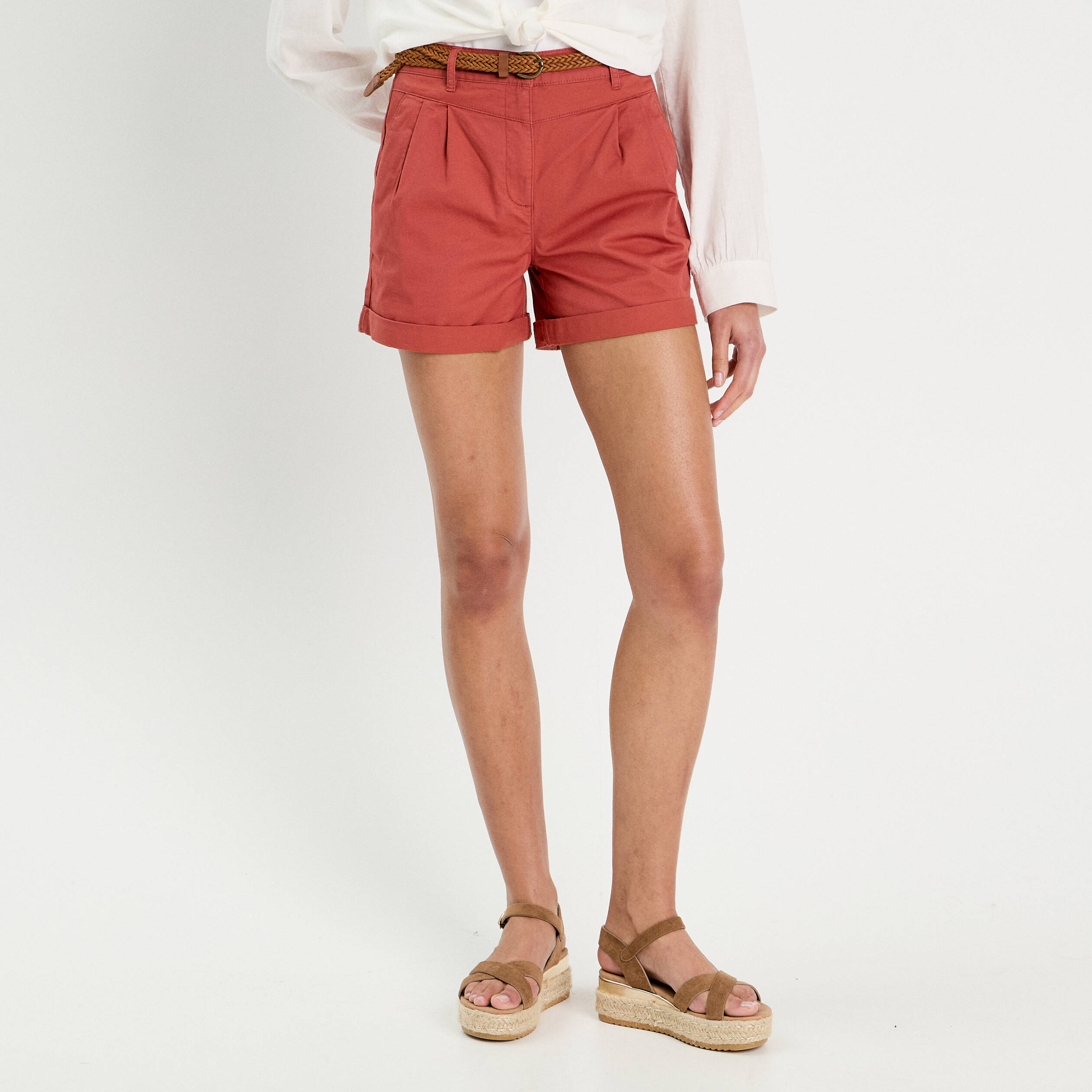 Short chino ceintur&eacute; vieux rose femme