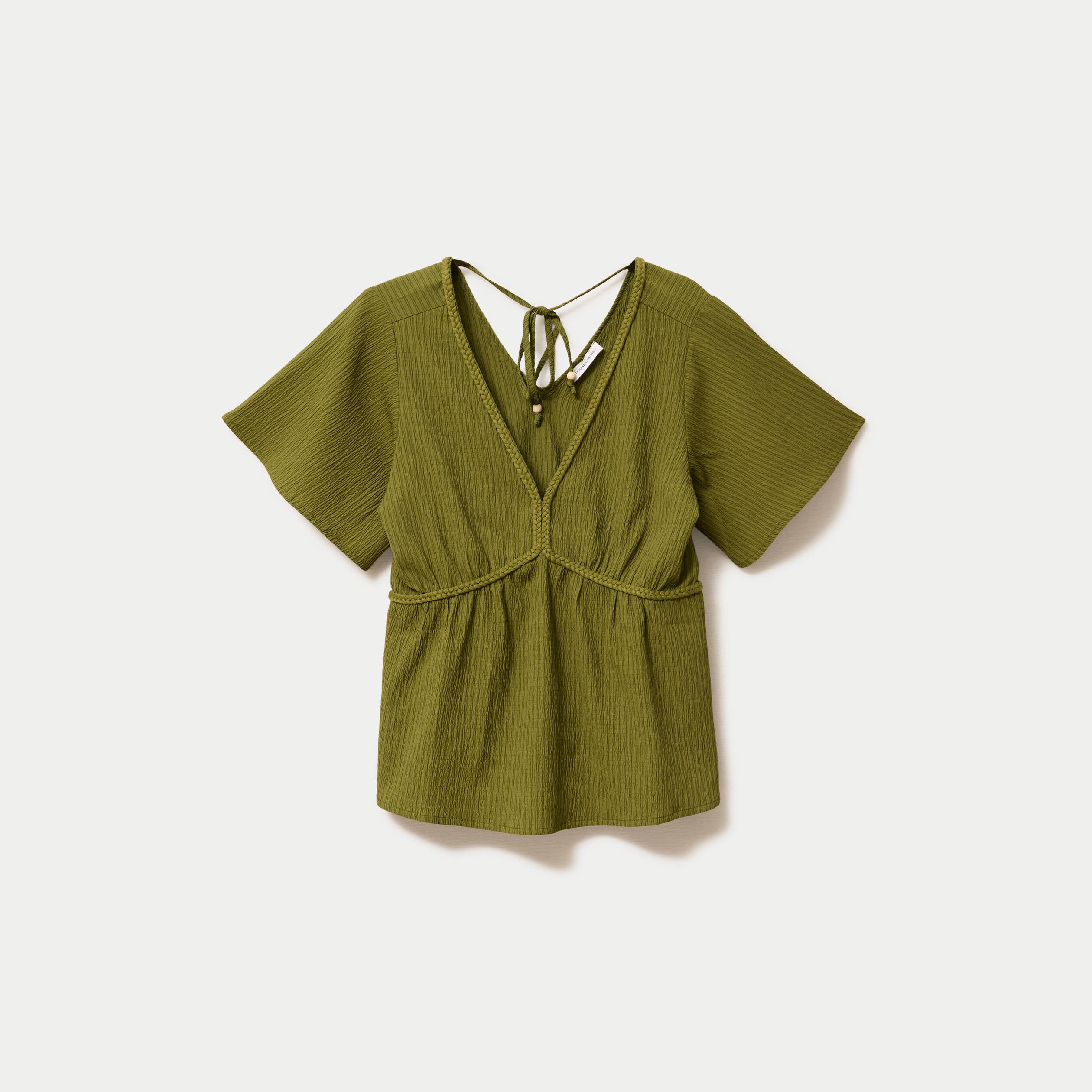 Blouse pliss&eacute;e col v manches courtes vert kaki femme