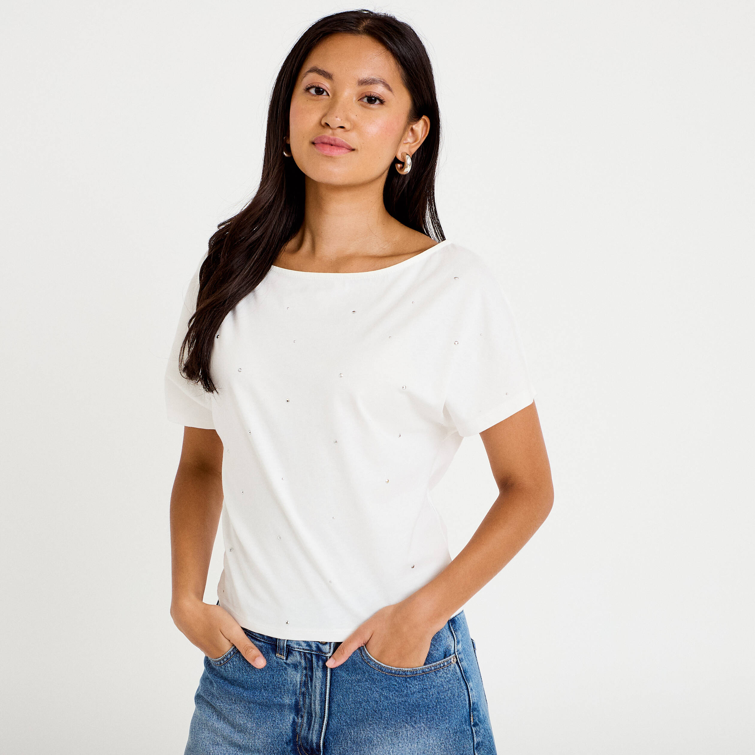 T-shirt col bateau manches courtes ecru femme