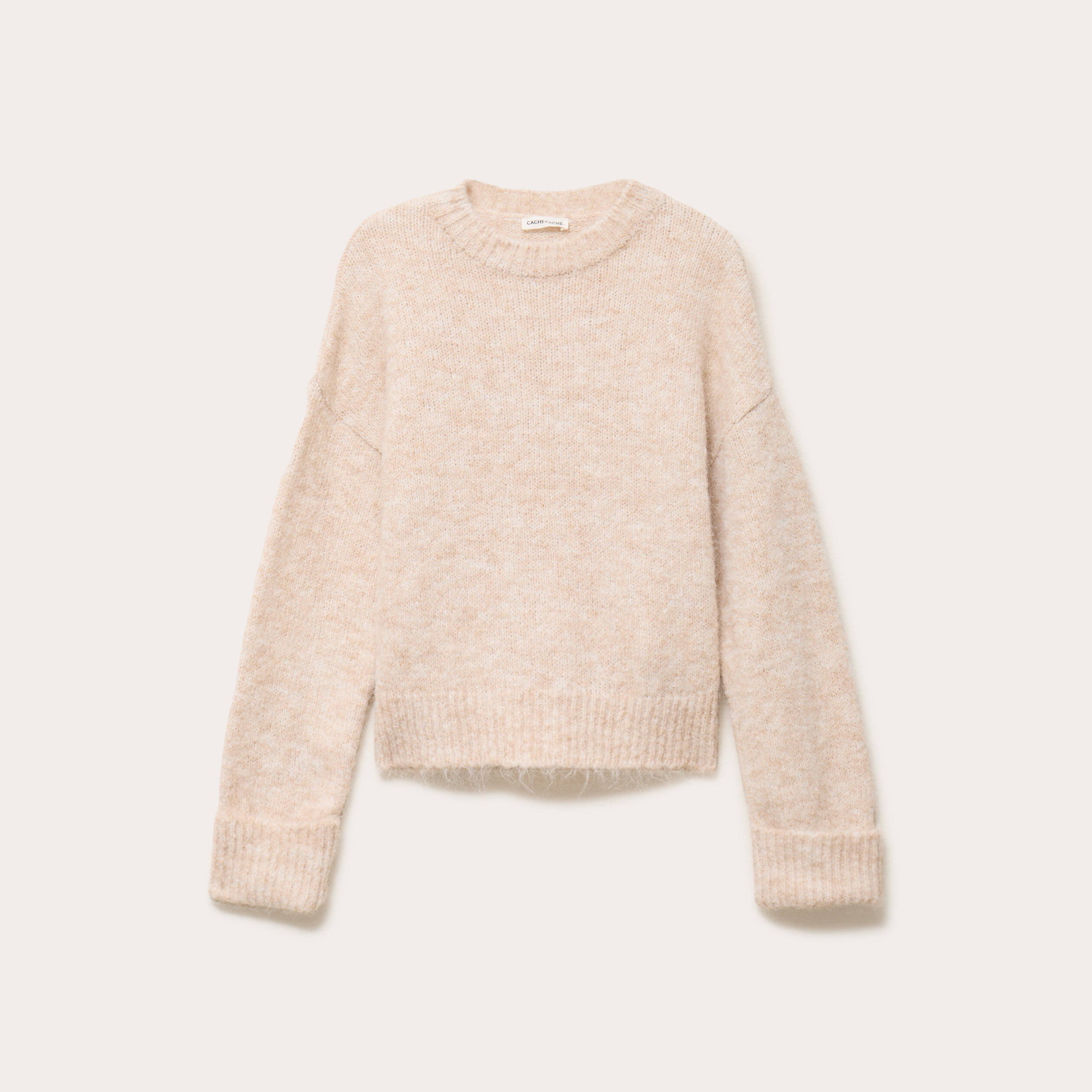 Pull col rond beige femme