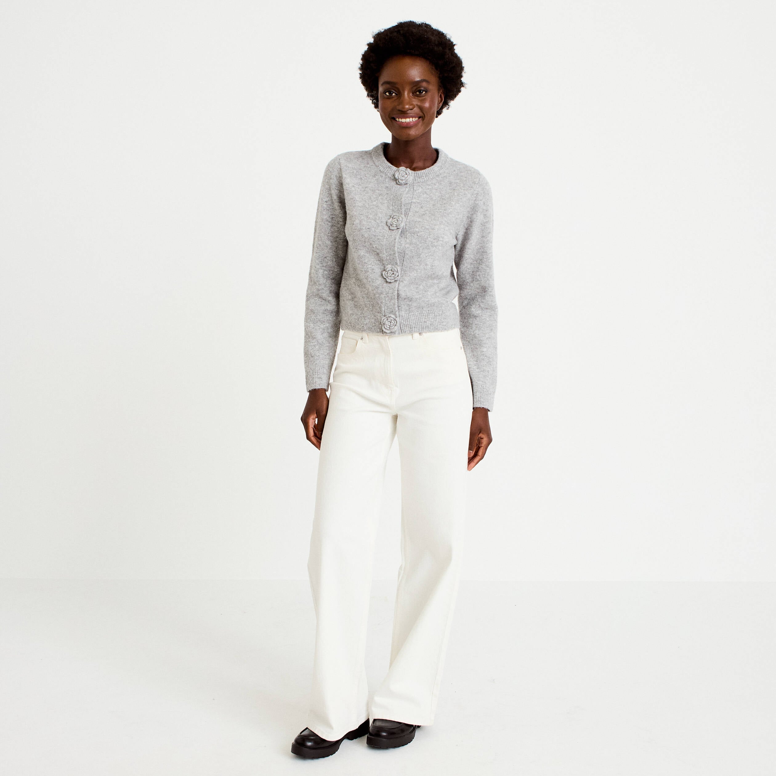 Gilet manches longues col rond gris clair femme