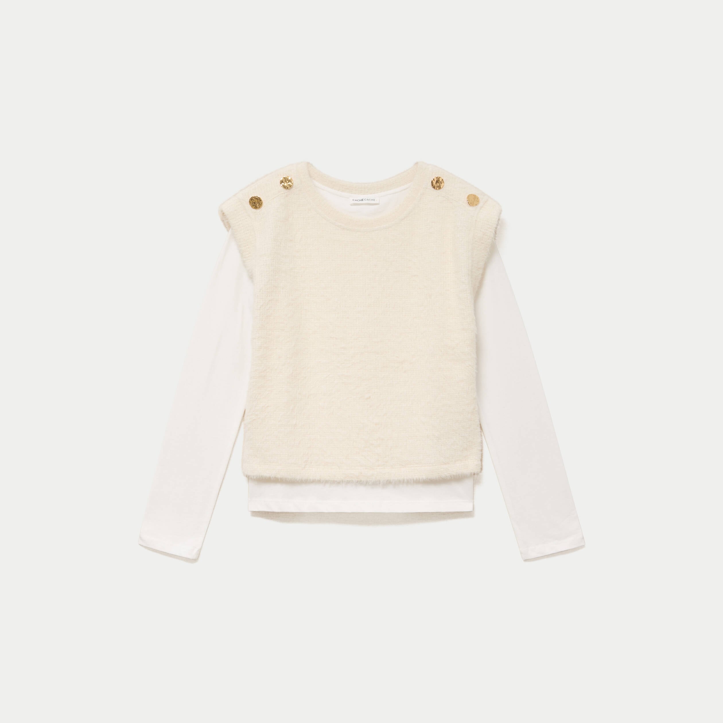 Pull 2-en-1 manches longues col rond ecru femme