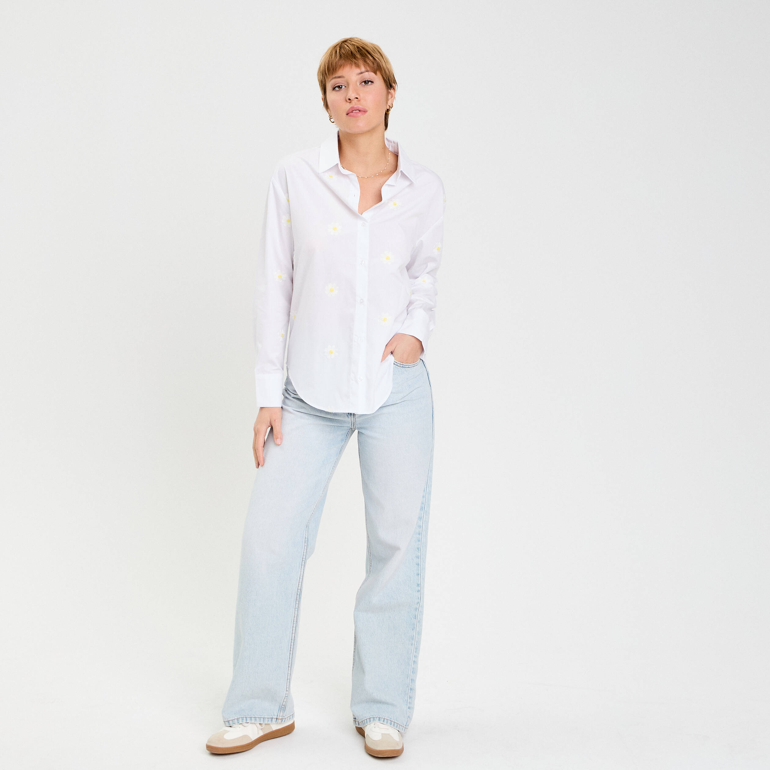 Chemise droite courte col classique blanc femme