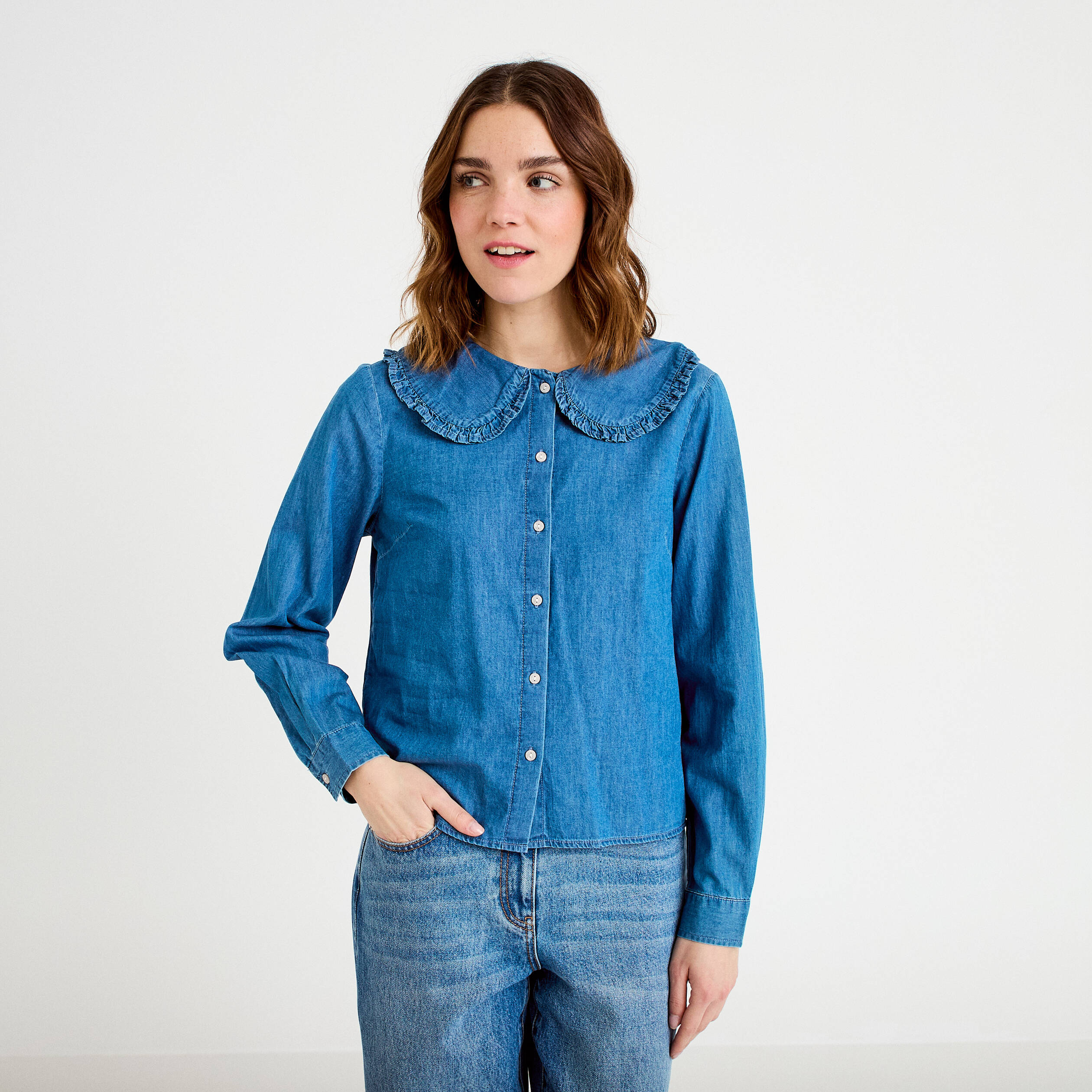 Blouse col claudine denim double stone femme