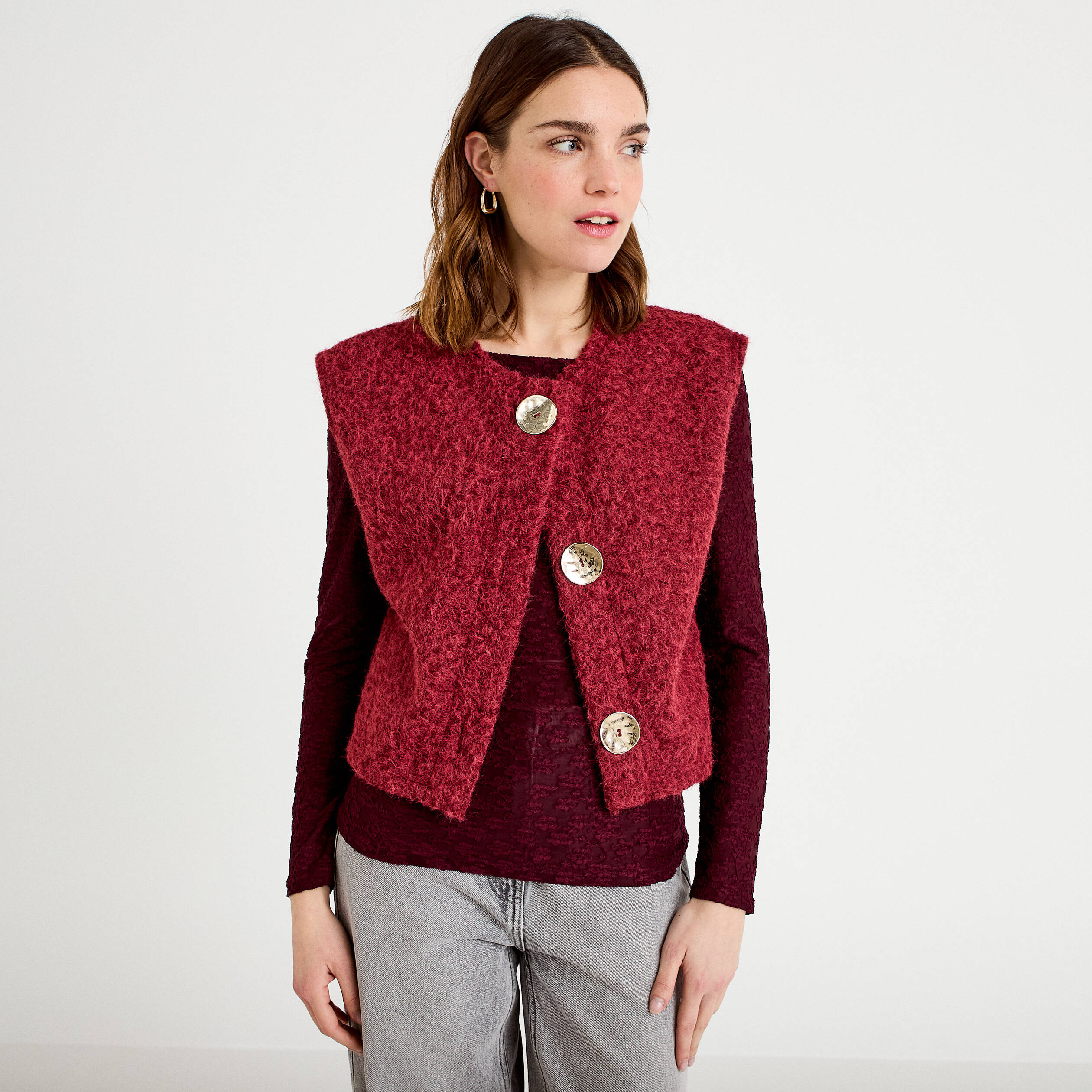 Gilet sans manches effet polaire rouge fonc&eacute; femme
