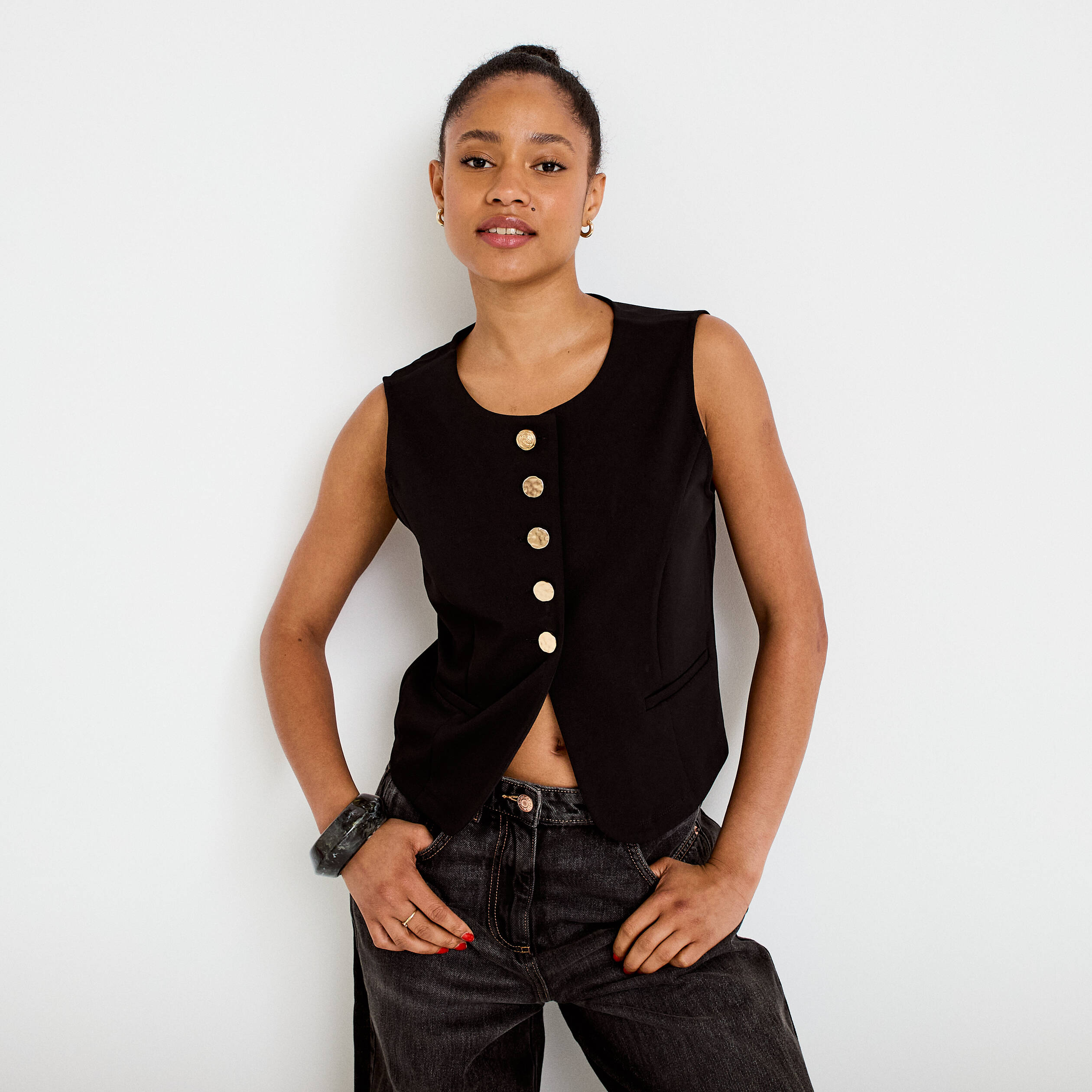 Gilet sans manches col rond noir femme