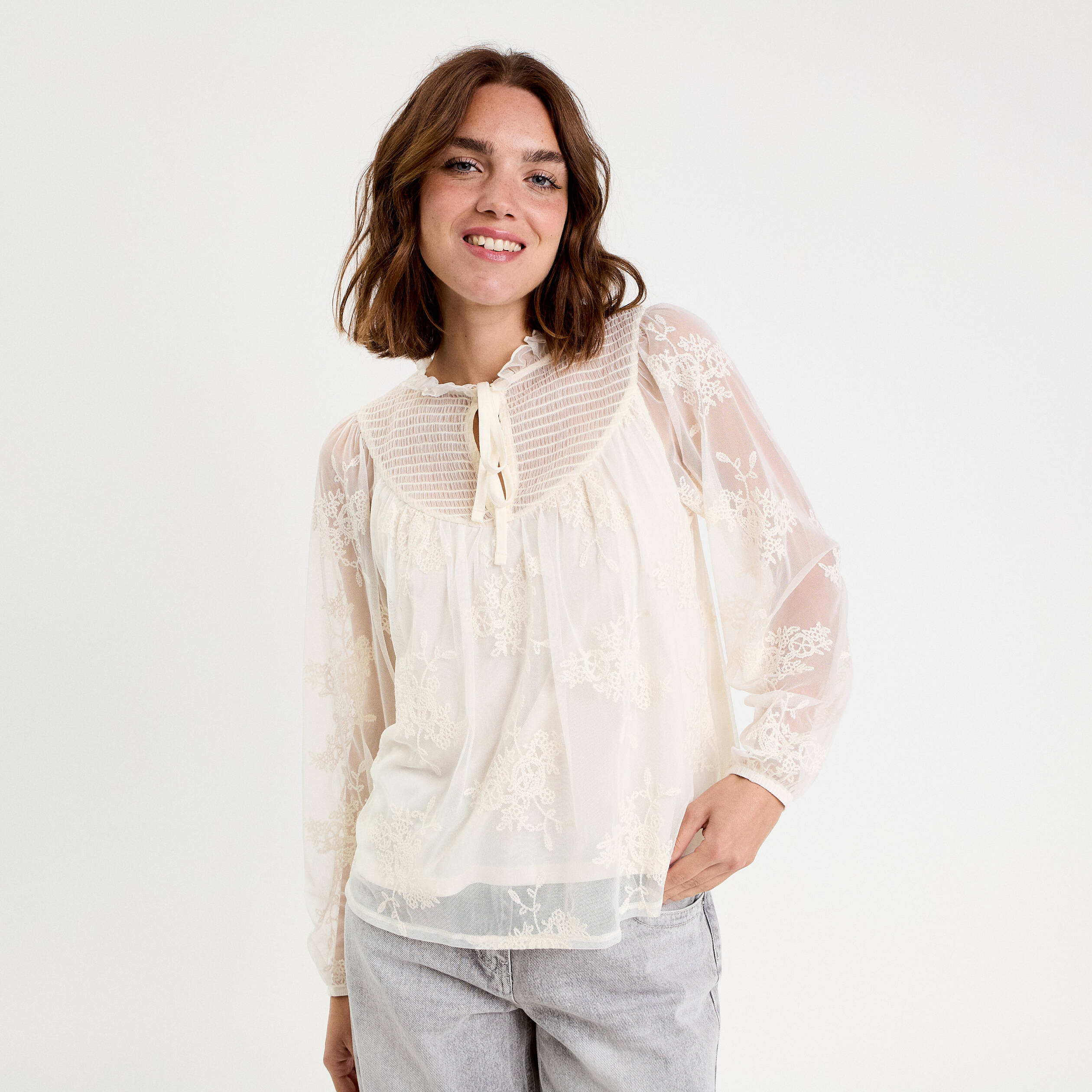 Blouse dentelle manches longues ecru femme