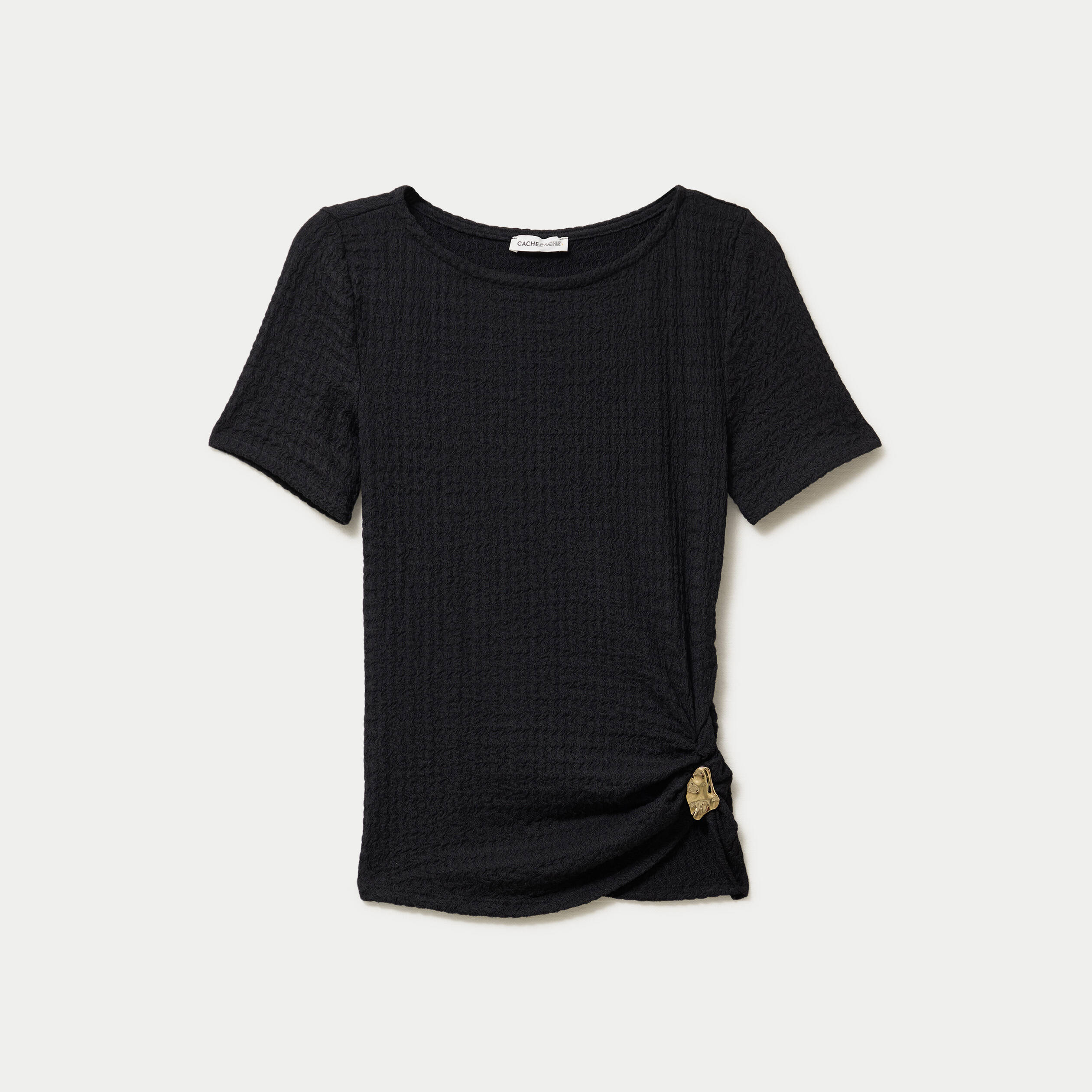 T-shirt col rond manches courtes bijou noir femme