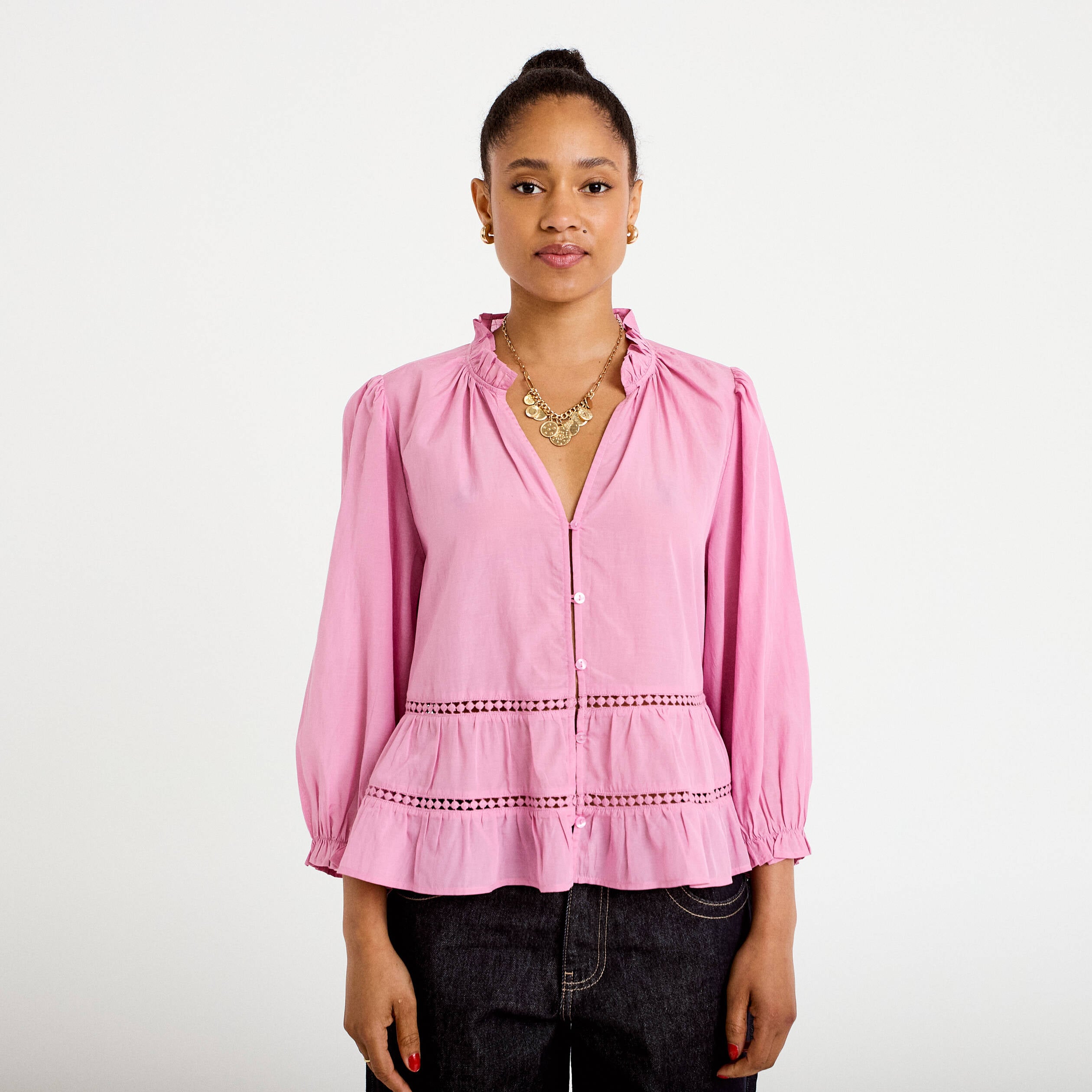 Blouse cintr&eacute;e col v manches 3/4 mauve femme