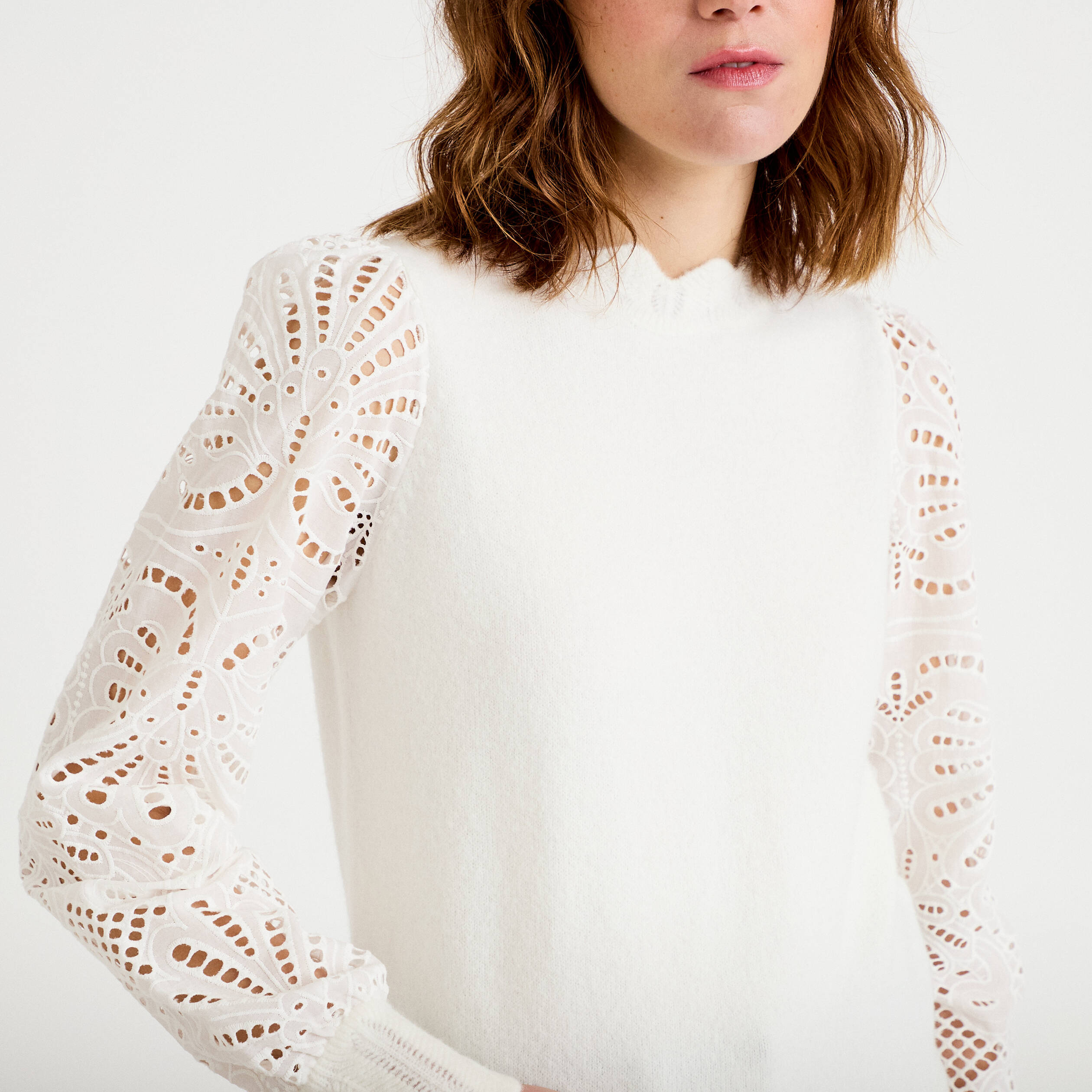 Pull manches ajour&eacute;es ecru femme